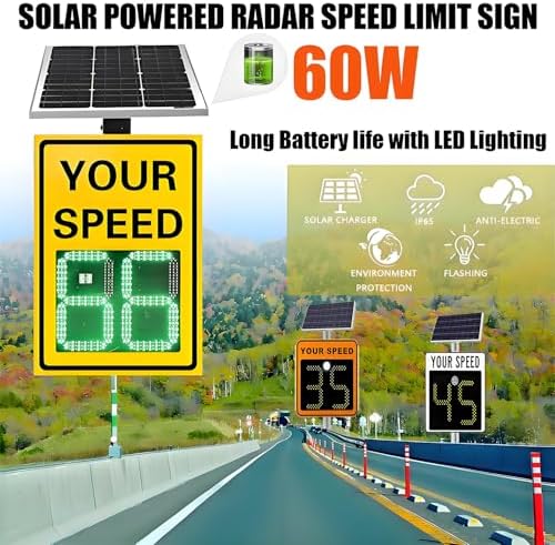 Solar Powered LED Speed Display Sign, 23.62 * 23.62inches Radar Traffic Warning Sign with Real-Time Feedback, Enhance Road Safety & Compliance
