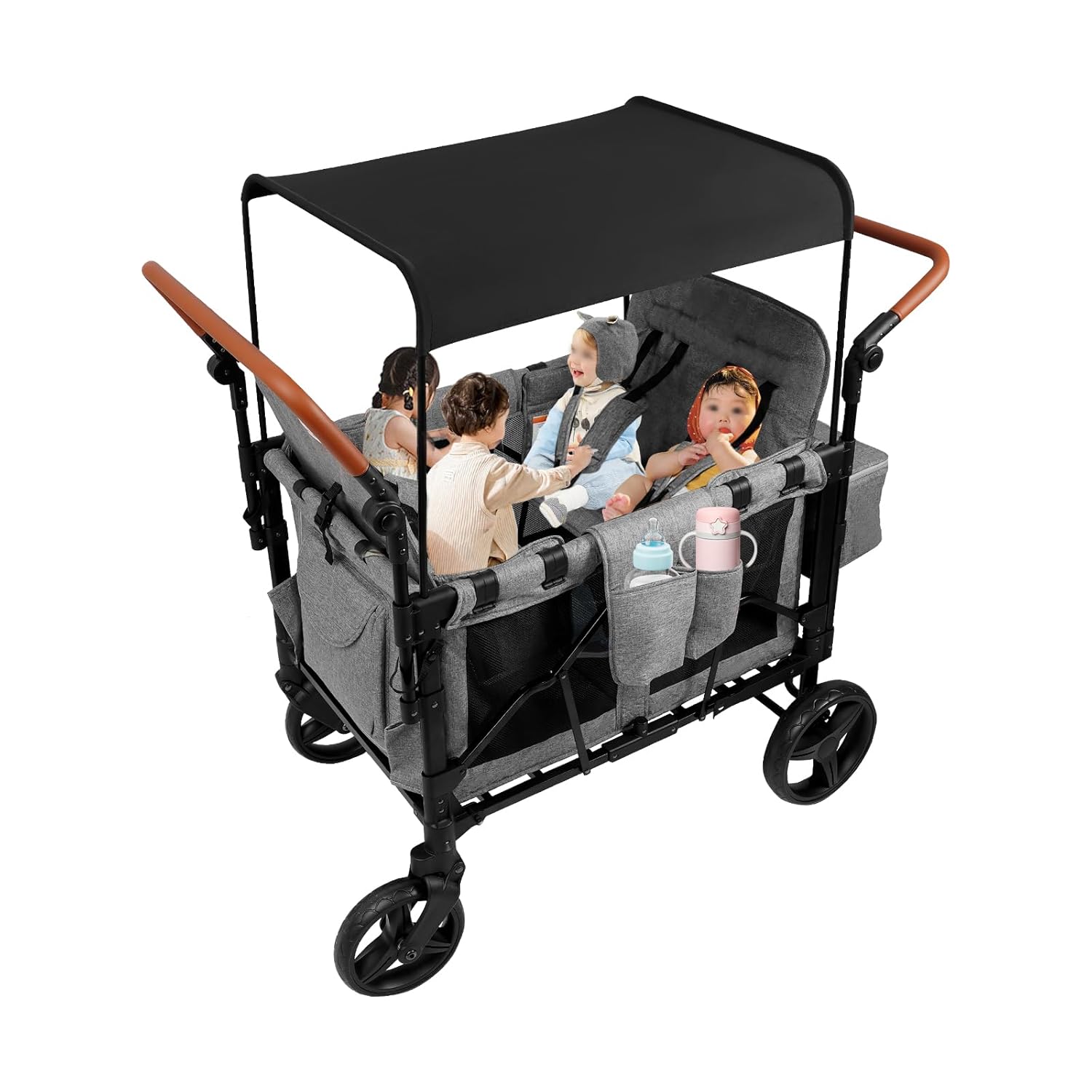 Stroller Wagon, 4 Kids Foldable Double Push Bar Wagon Stroller Adjustable Kid Wagons Cart High Chair Baby Seat Strollers with Brakes & Organize Bag for 0-6 Years Old Beach Camping Traveling (Grey)