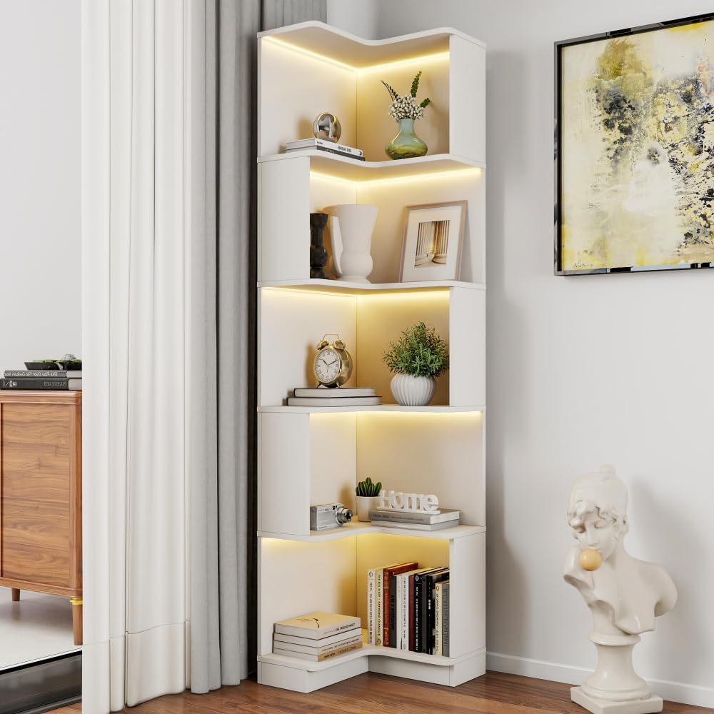Corner Book Shelf - 5 Tier Corner Bookshelf with Baffle, led Lights, for Home Office, Living Room, Bedroom, Kitchen (White + Particle Board+MDF)