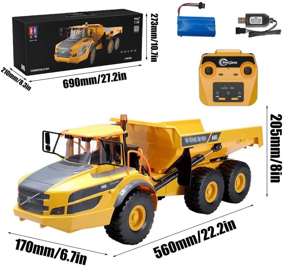 1/20 Large 23IN Electric Remote Control Dump Truck A40G, 2.4G Simulated Acoustic-Optical RC Engineering Vehicle Model Transport Vehicle, 6-Wheel Lifting Bucket Construction Truck