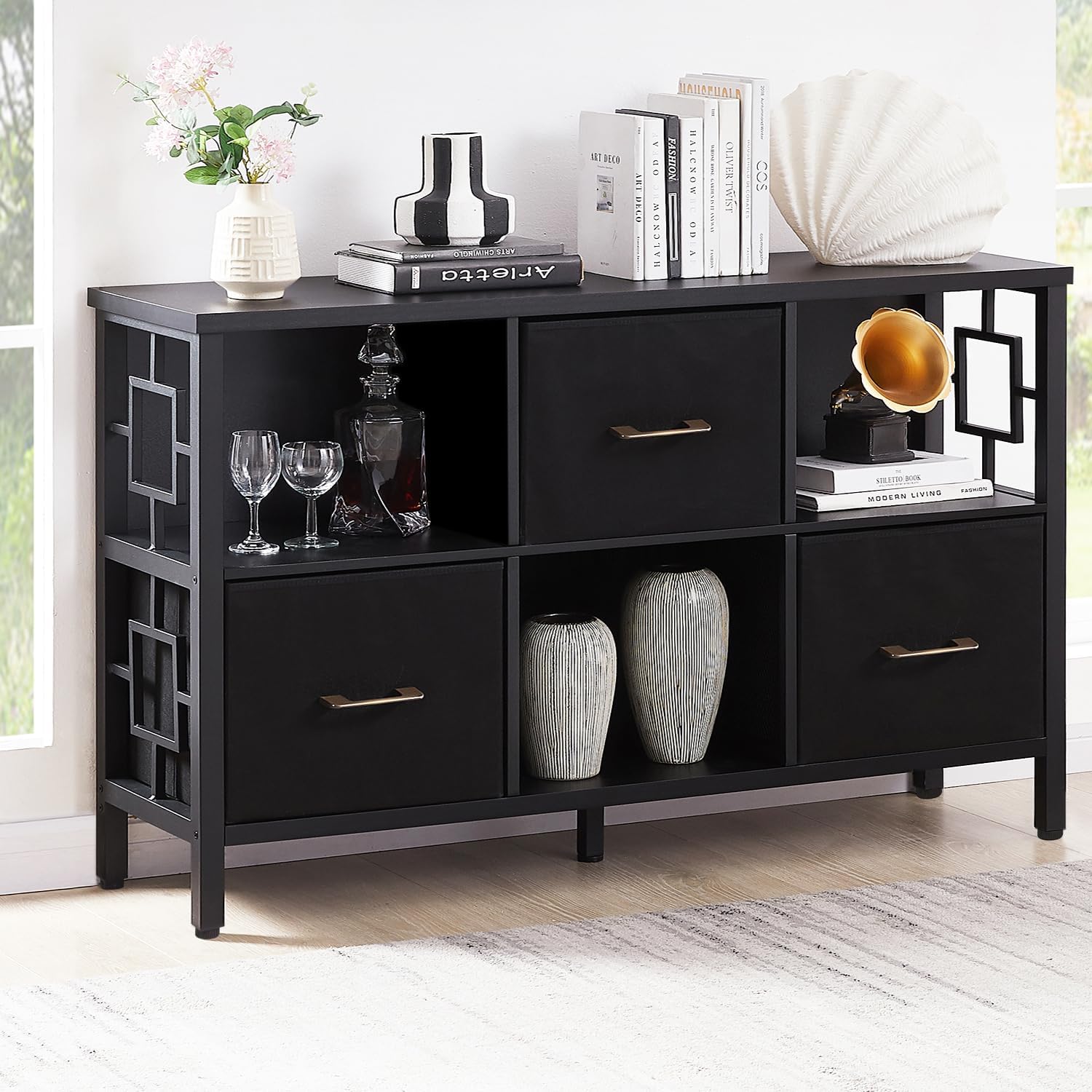 HOMISSUE 6 Cube Storage Organizer Shelf, Rustic Short Bookshelf with 3 Storage Bins, Industrial Horizontal Bookshelf with Metal Frame, Low and Wide Cube Bookcase for Living Room and Office, Black