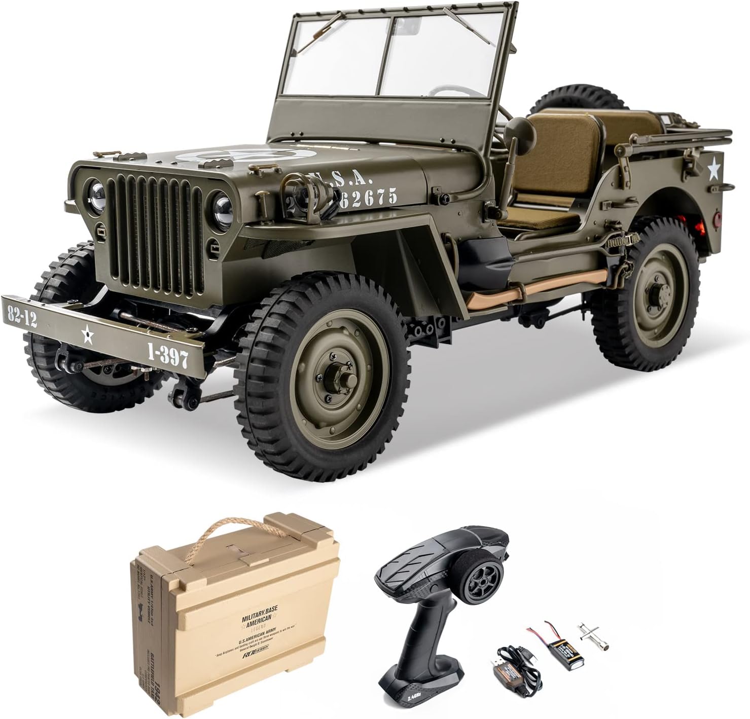 WOWRC RocHobby 1/12 1941 MB Scaler RC Jeep, 4x4 Hobby Grade RTR RC Car Mini RC Rock Crawler Military, 2.4Ghz RC Truck with LED Lights, Battery and USB Charger for Adults