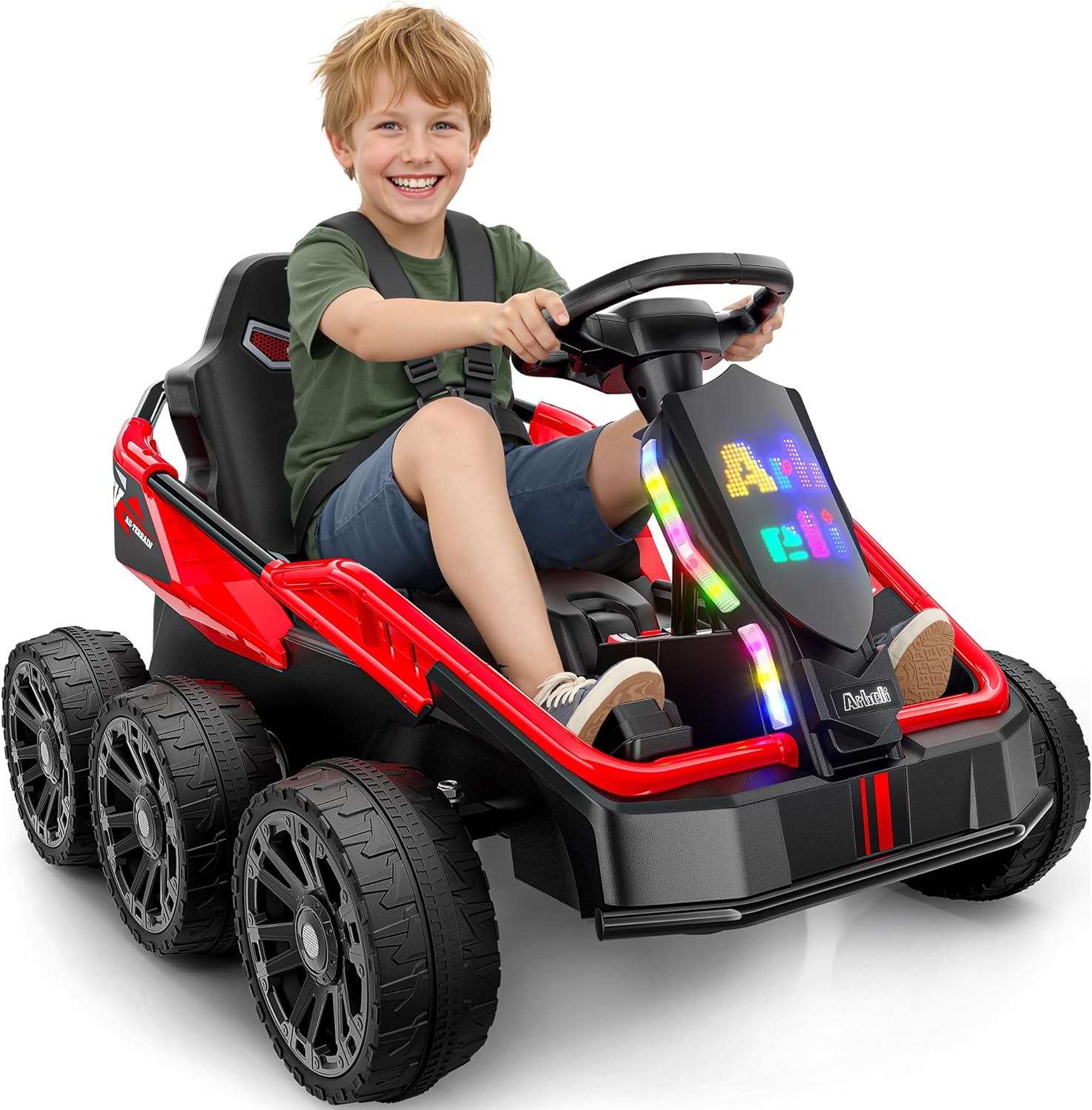 24V Ride on Car for Kids Aged 3-12, No Height Limit, 4WD All-Terrain Ride On with Remote Control, 6-Wheel Stability, Metal Frame Protection, Max 5Mph, LED Display, Bluetooth Music, Red