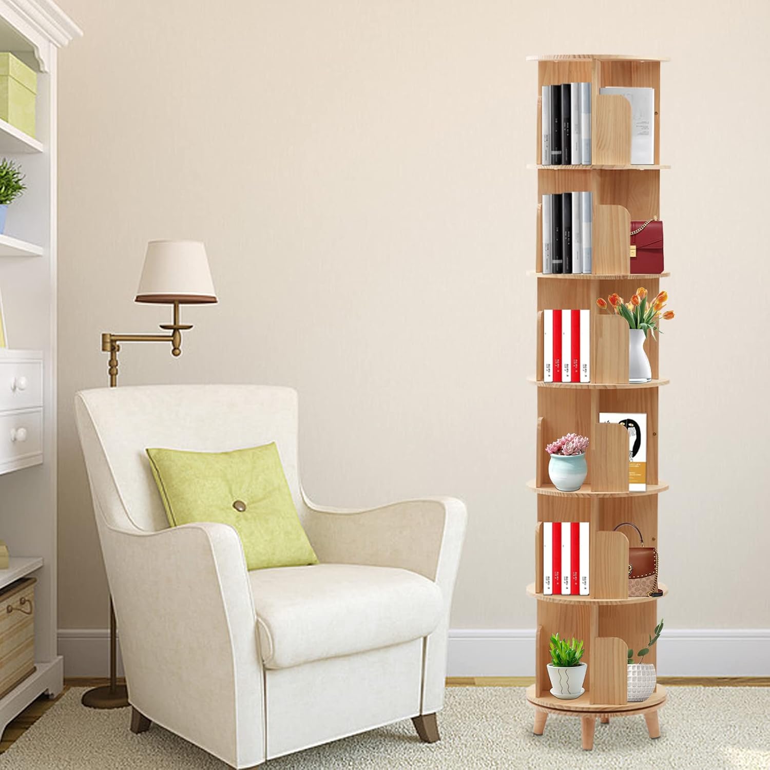 6 Tier 77.13''H Rotating Bookshelf, Floor Standing Bookcase, 360 Display Storage Rack, Floor Standing Bookcase Storage Rack, Corner Storage Rack, Wood Narrow Book Shelf Organizer For Living Room