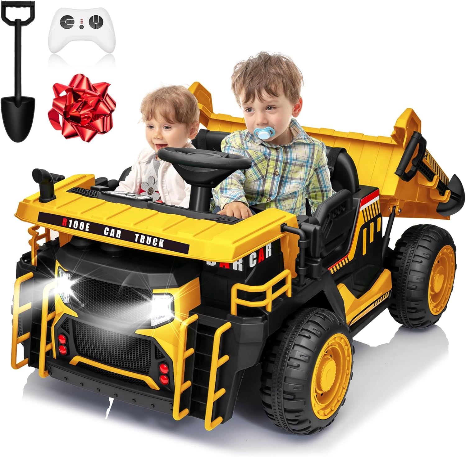 JOYRACER 24V 2 Seater Ride on Dump Truck w/400W Motors, Kids Electric Truck w/20'' Two Seater Ride on Construction Vehicle w/Dump Bed and Shovel, 4.9MPH Max, Power Car Wheelers for Kids, Yellow