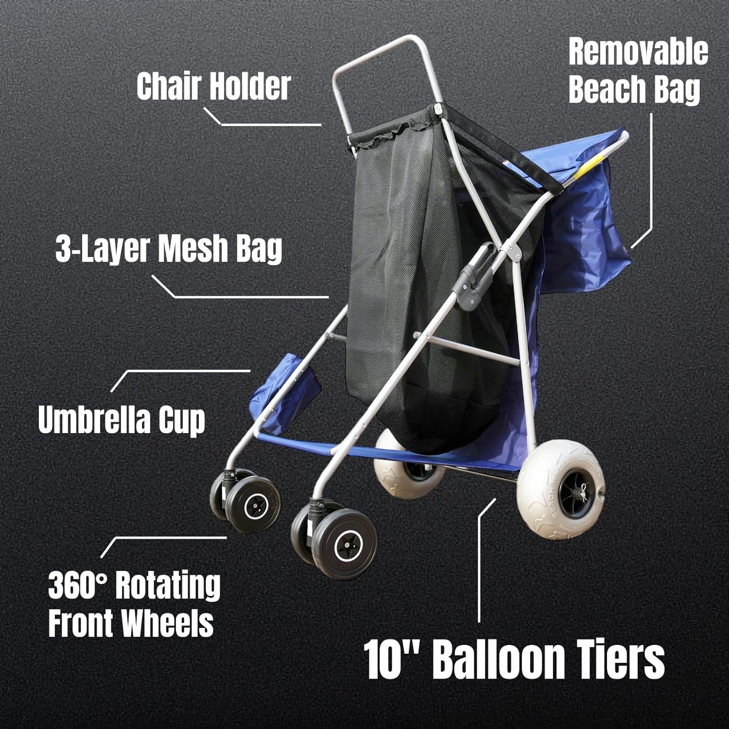 Beach Cart with 10‘’ Balloon Wheels, Holds 4 Folding Chairs, Collapsible Wheeler with Big Wheels for Sand, Pump Included