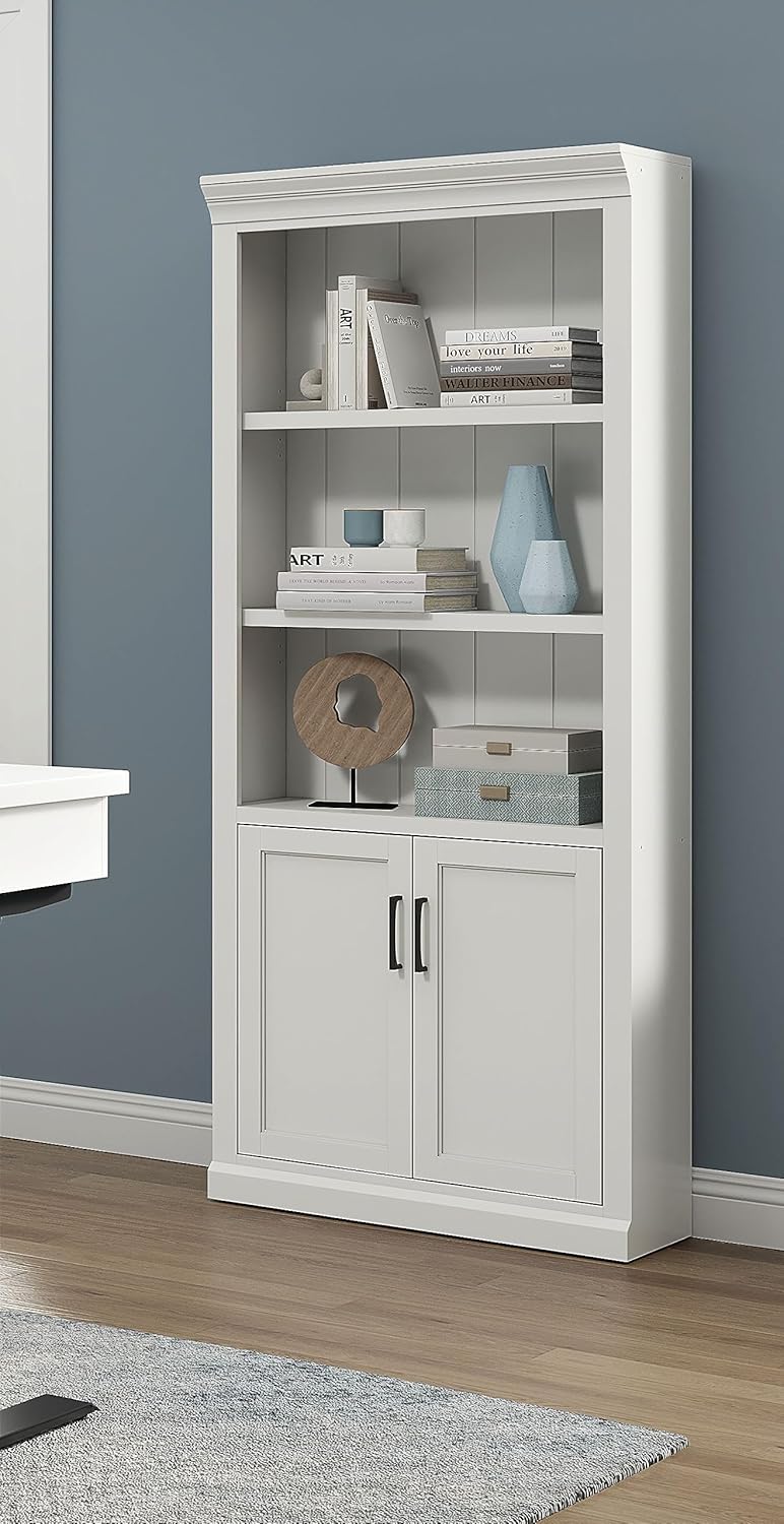 Martin Furniture Modern Wood Lower Doors Bookcase Office Bookcase in White