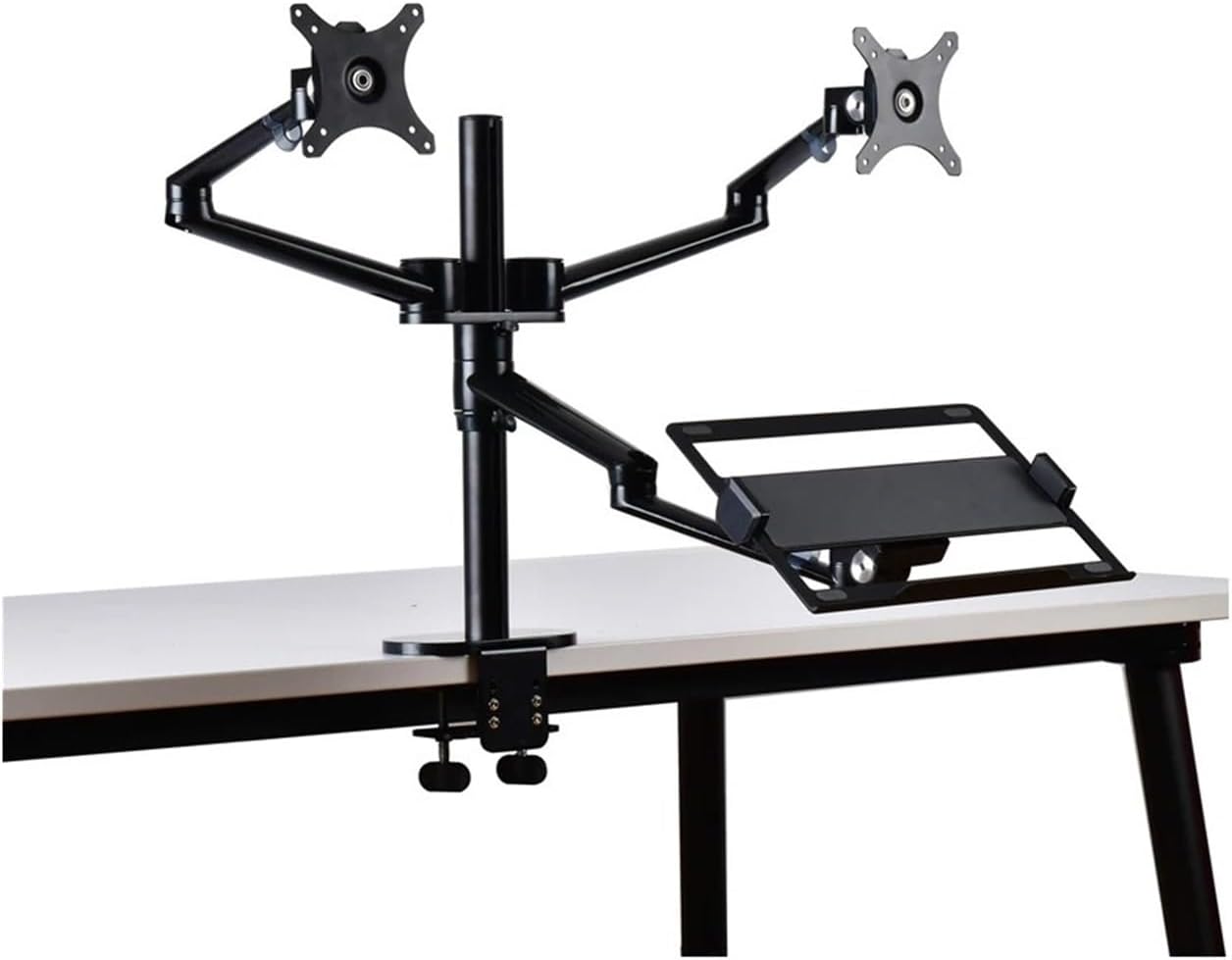OL-10T Aluminum Height Adjustment Desk Dual 17-32 Inch Monitor Stand + 12-17 Inch Laptop Stand Full Motion Triple Mount Arm