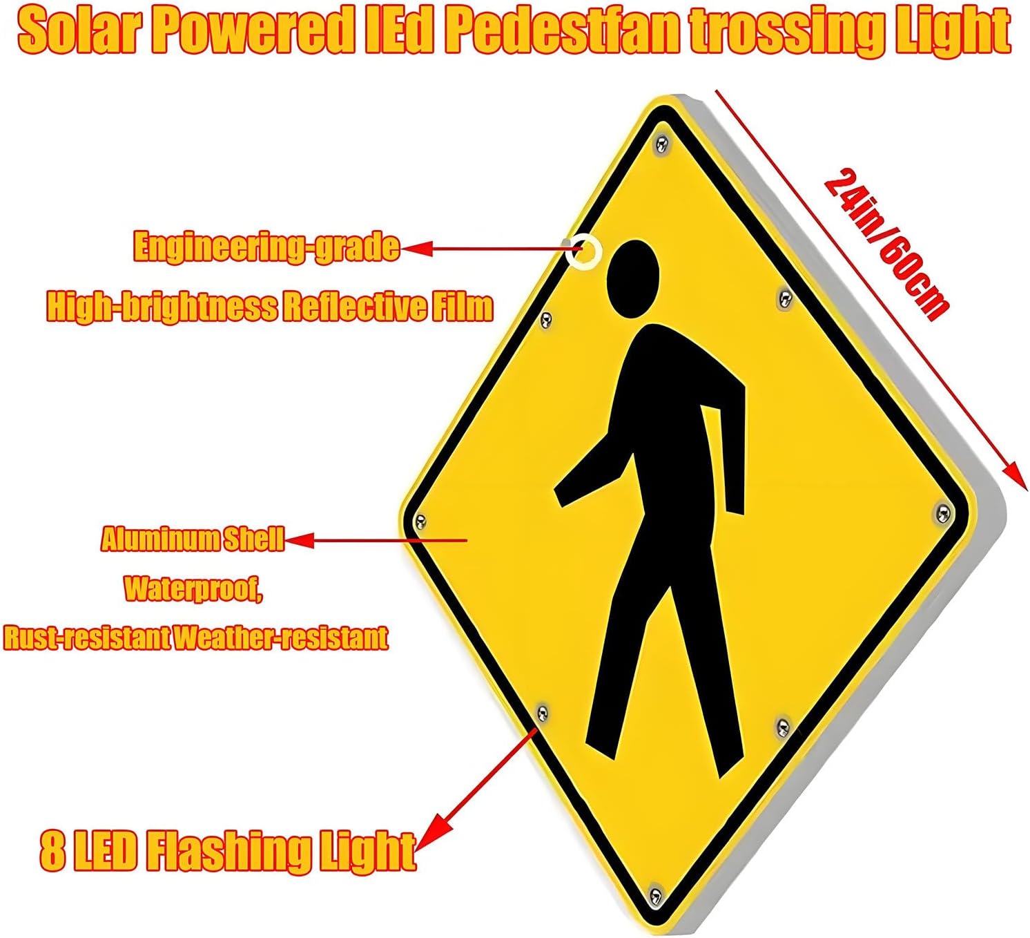 Flashing Solar LED Pedestrian Crossing Sign - Durable Aluminum Traffic Warning Sign, IP65 Waterproof Road Safety Indicator for Streets and Crosswalks