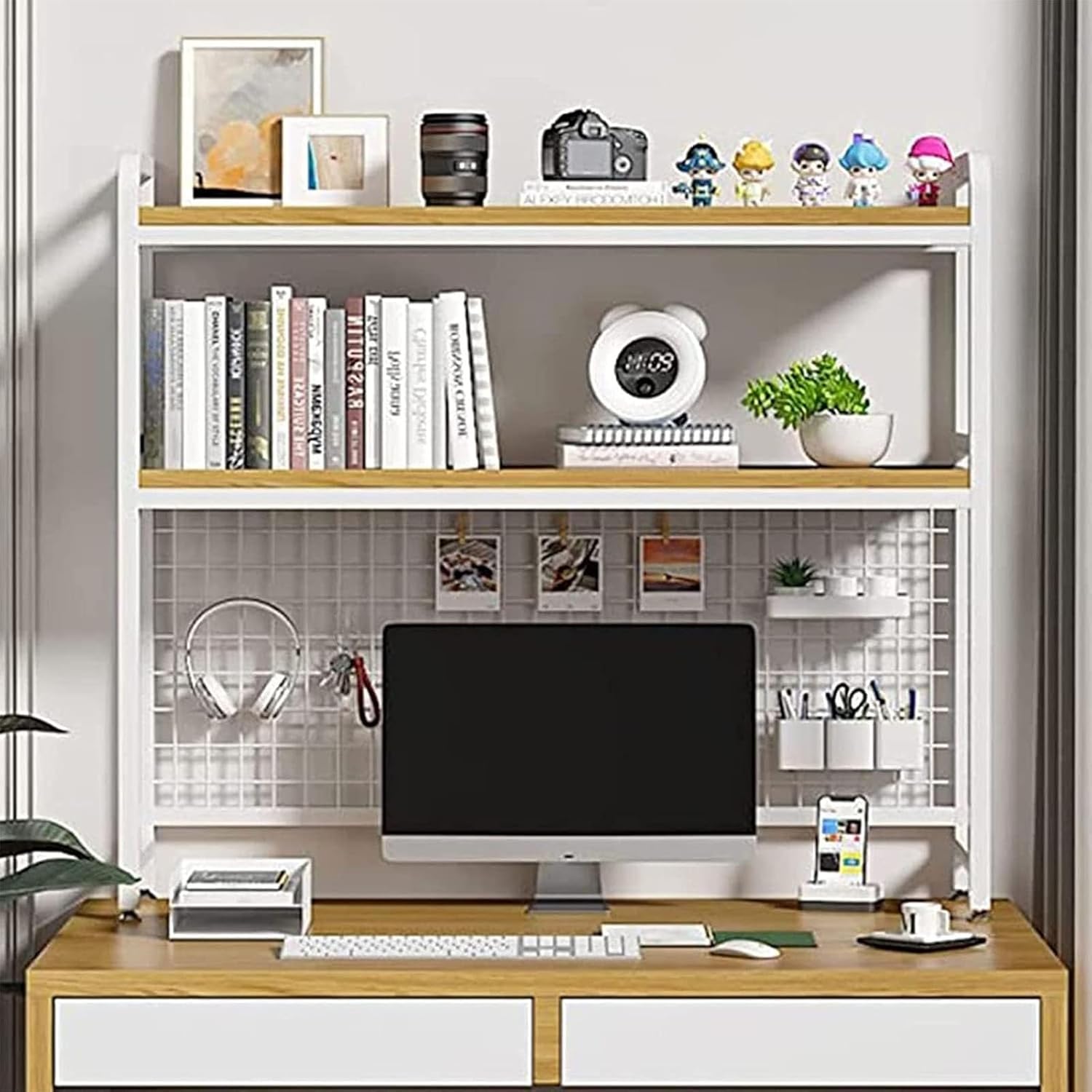 Desktop Bookshelf Organization Rack - 2 Tier Desktop Bookshelf For Computer Desk, Metal Desk Shelf Bookcase With Grid Panel, Freestanding Countertop Storage Organizer Rack, For Office Dorm(95x20x98cm)