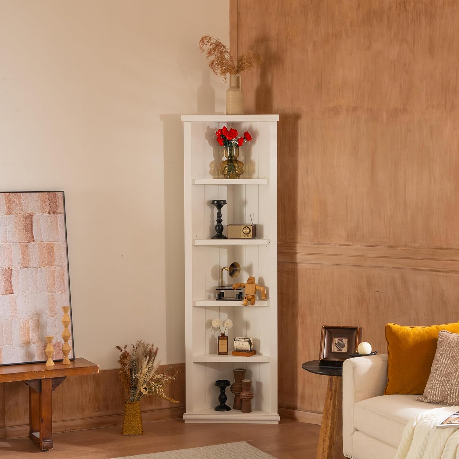 roomfitters Set of 2 Triangle Bookshelves, 75.25'' Tall 5-Tier Display Bookcase for Hallways, Office and Living Room Storage, White