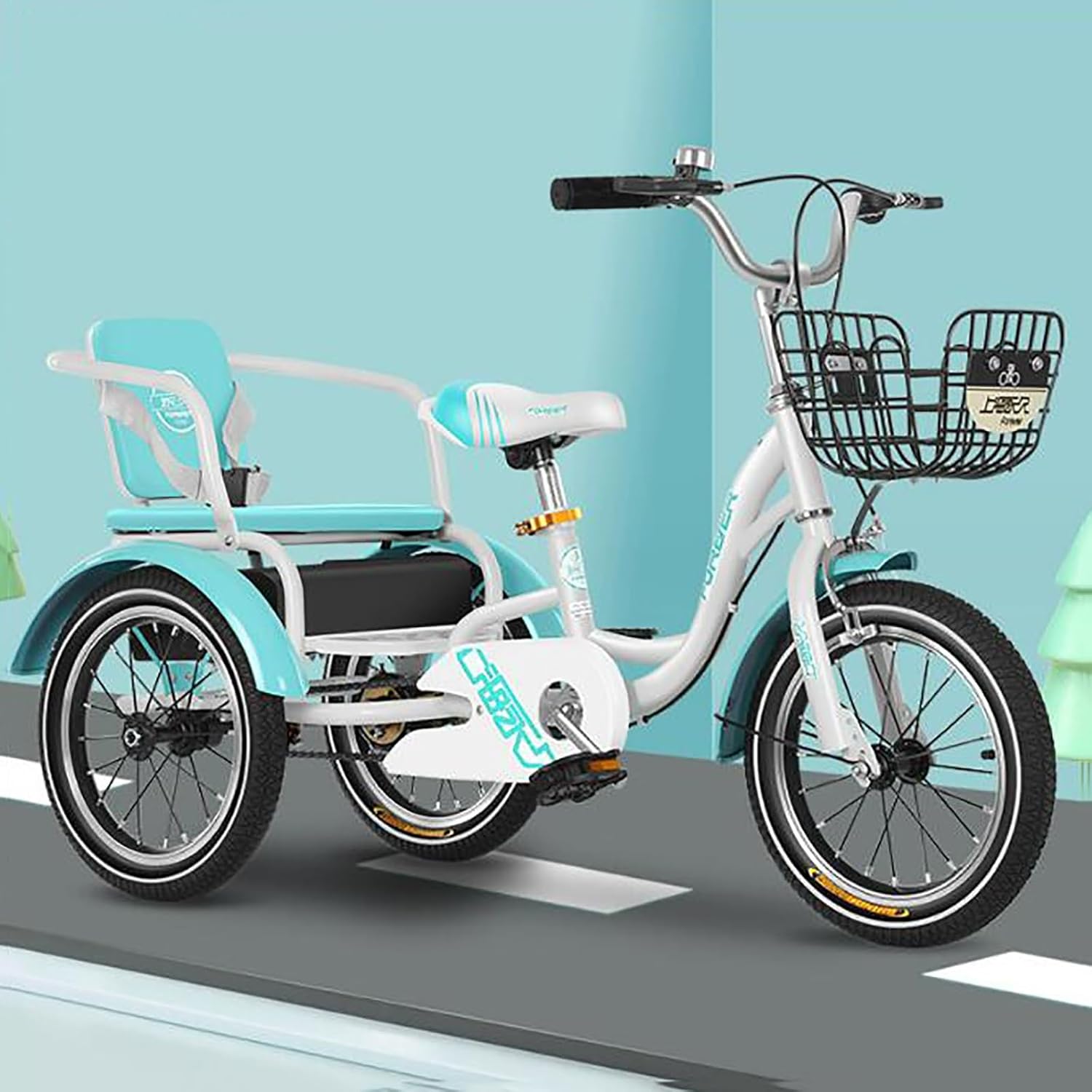 Children Tricycles with Child Back Comfortable Seat for 3-8 Years Old, Double People 3 Wheel Bicycle with Basket, Ideal Gift for Kids,18inch (Color : B, Size : 14-inch)