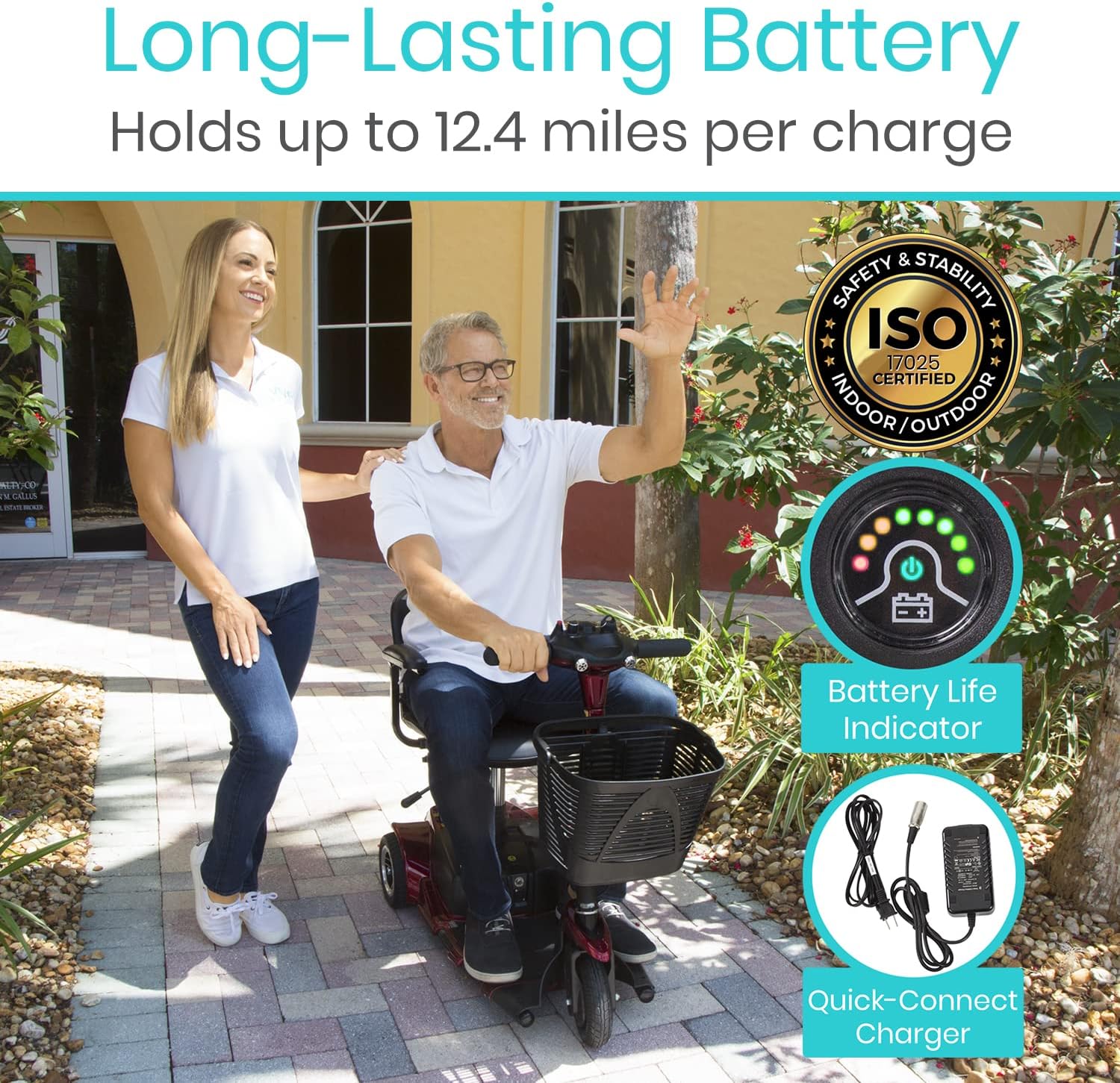 Vive 3 Wheel Mobility Scooter - Electric Powered Mobile Wheelchair Device for Adults - Folding, Collapsible and Compact for Travel - Long Range Power Extended Battery with Charger and Basket Included