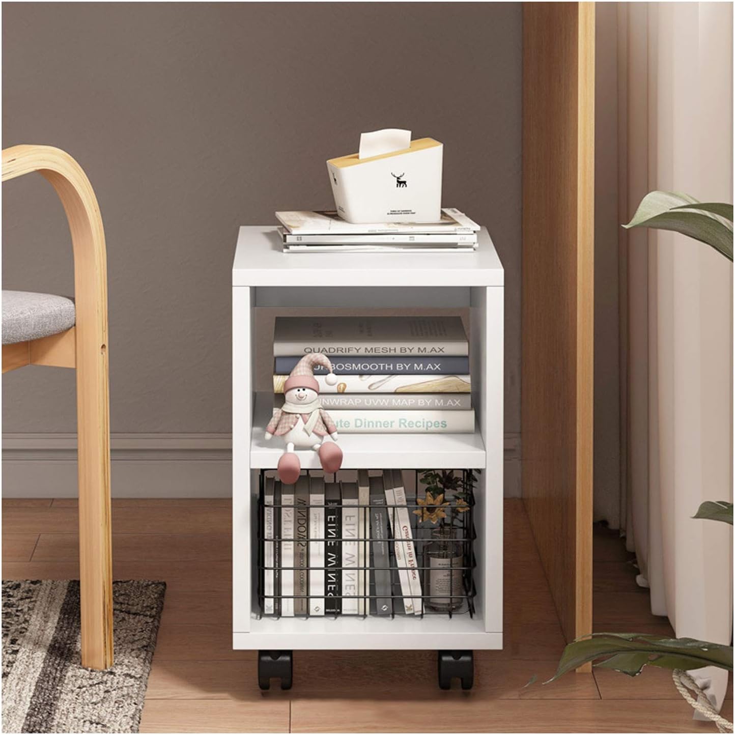 NEWCES Bookcase Wood Book Cart Rolling Storage Organizer with Wheels Open Wood Shelving Unit for Home Office Bookcase Decor (Color : White, Size : 2Tier)