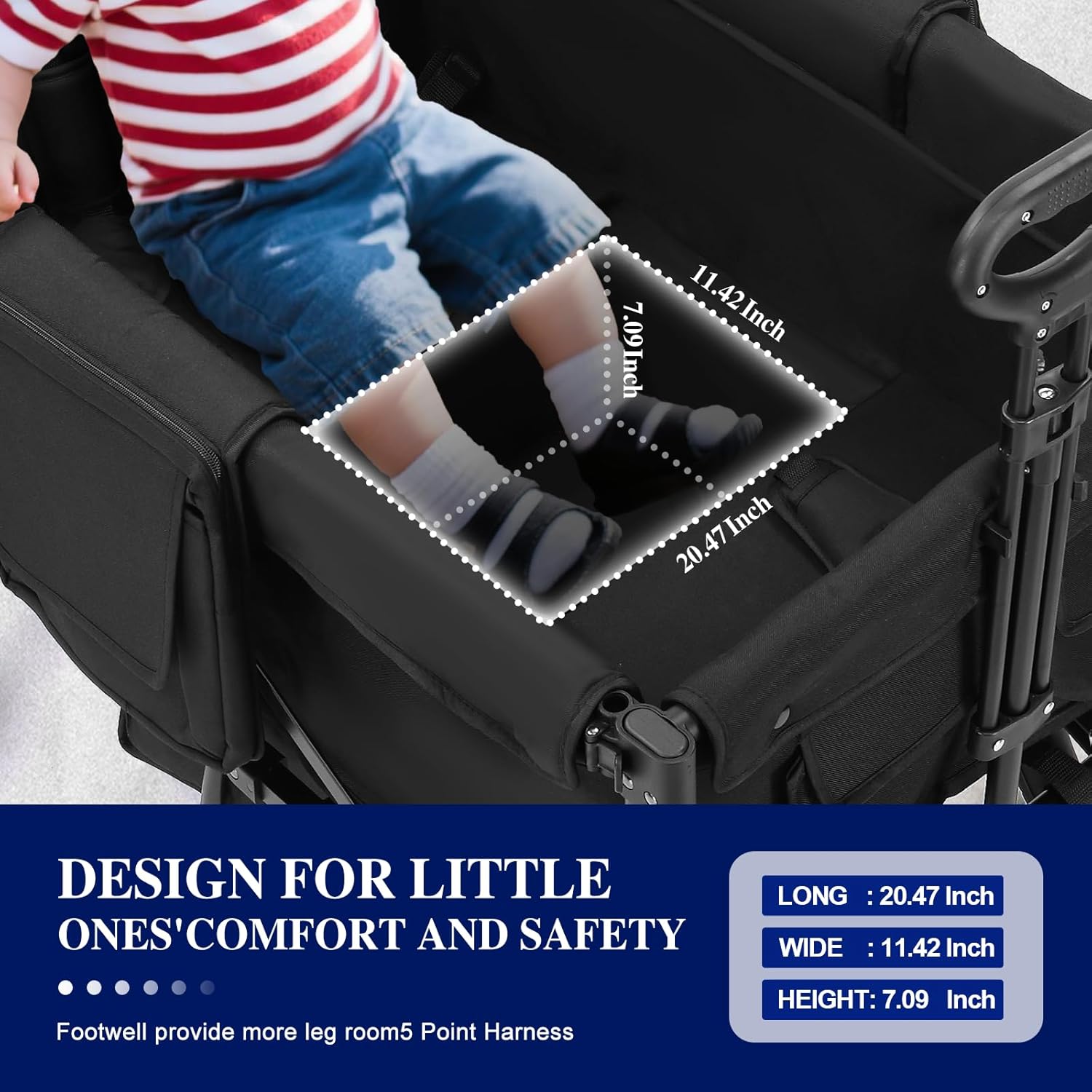 Stroller Wagon for 4 Kids, Foldable Wagon with Footwell, Lightweight, Adjustable Push and Pull Handles, 5-Point Harness, Adjustable Canopy for Outdoor Adventures (Black)