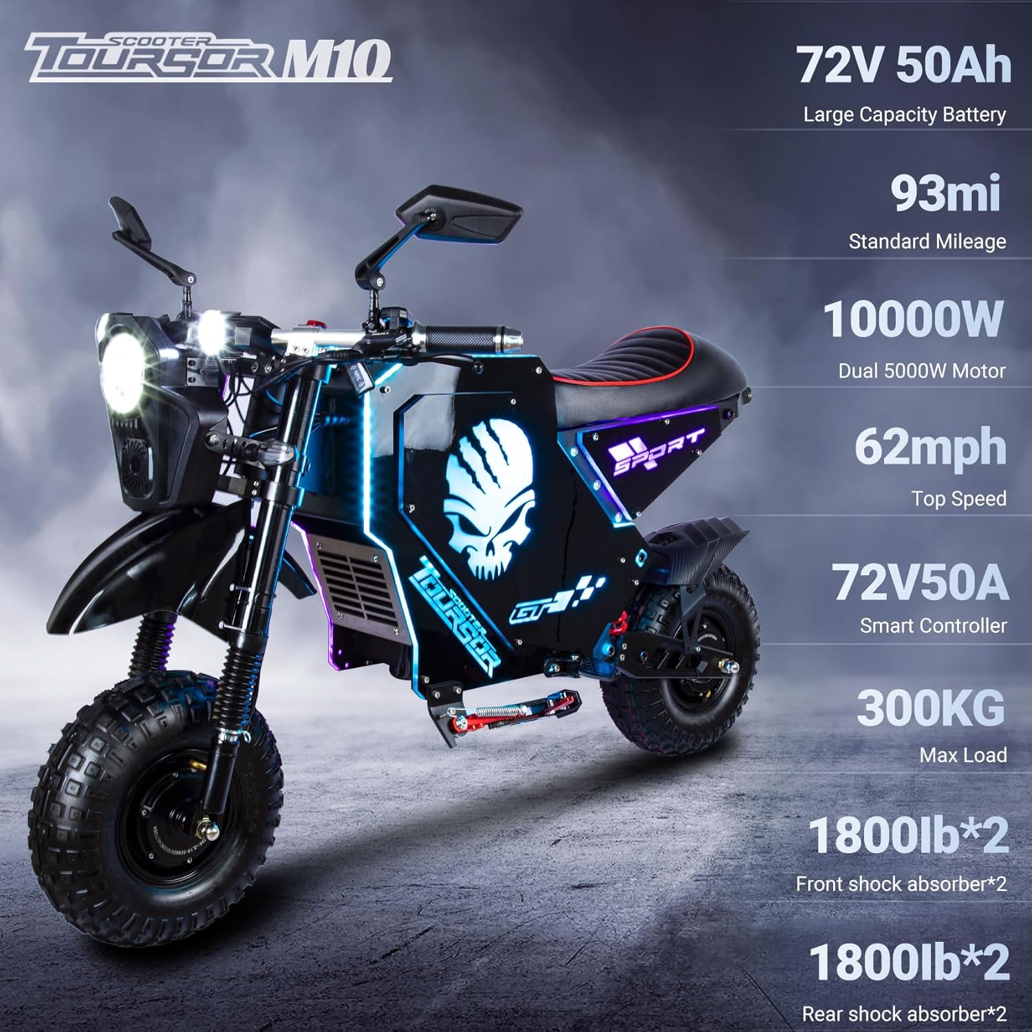 M10 72V Adult Electric Motorcycle - 10,000W Dual-Drive JL Motor, ABS, 62 MPH Top Speed, 50A Lithium Battery (Up to 93-Mile, 8-10H Charge)