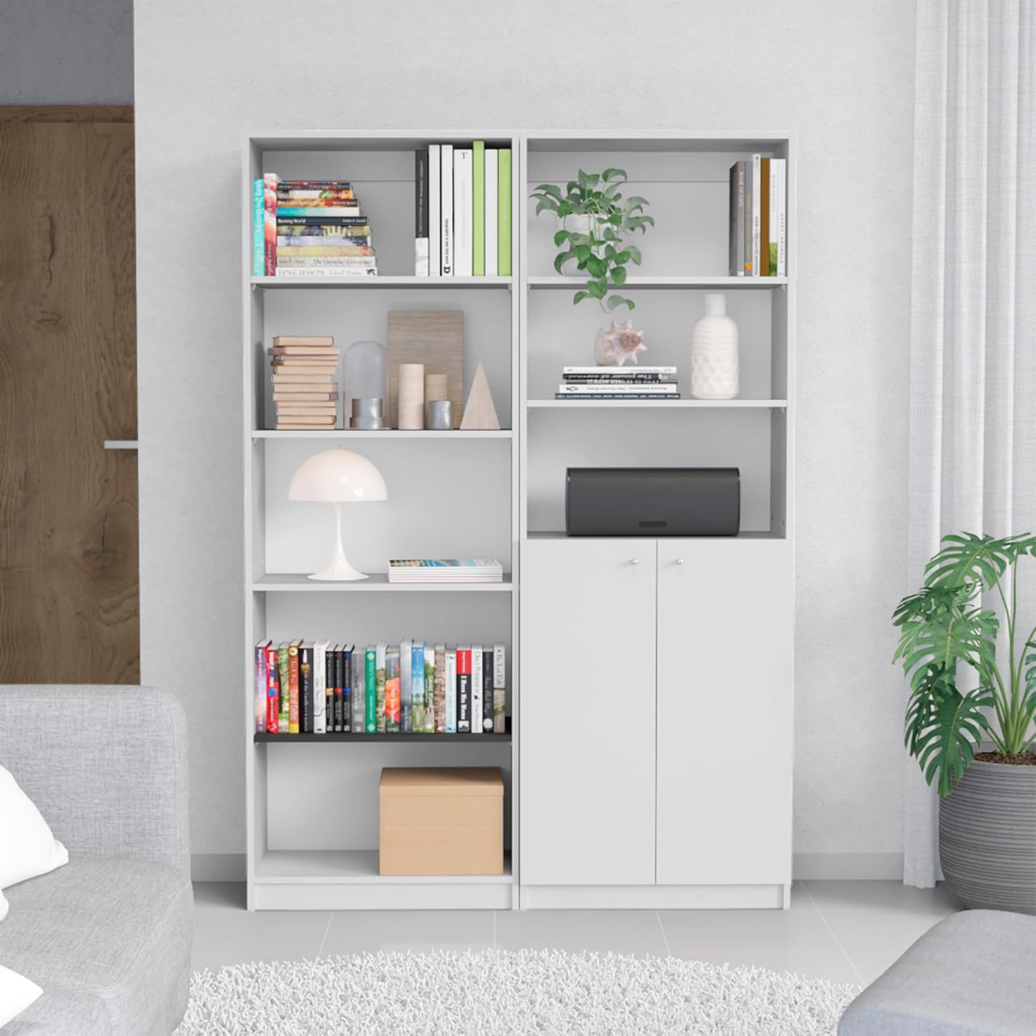 Benicabaly Maximize Storage with Stylish 2-Piece Bookcase Set, 8 Shelves and Concealed Storage, Contemporary Matt Gray Finish