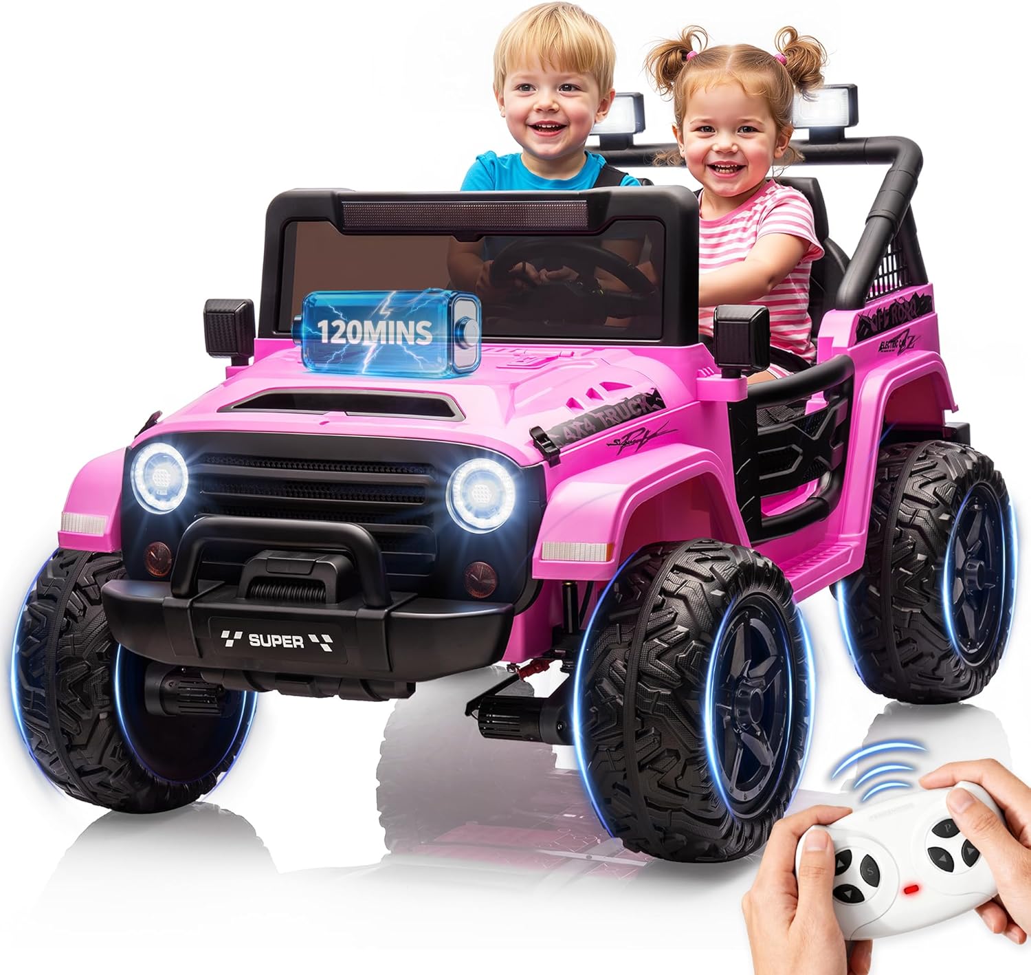 24V 2 Seater Ride On Car for Kids Ages 3-8, 4WD Electric Ride On Truck with Remote Control, Real-Time Battery Indicator, LED Lights, Bluetooth Music, Up to 120 Mins Playtime, 132 lbs Load Capacity