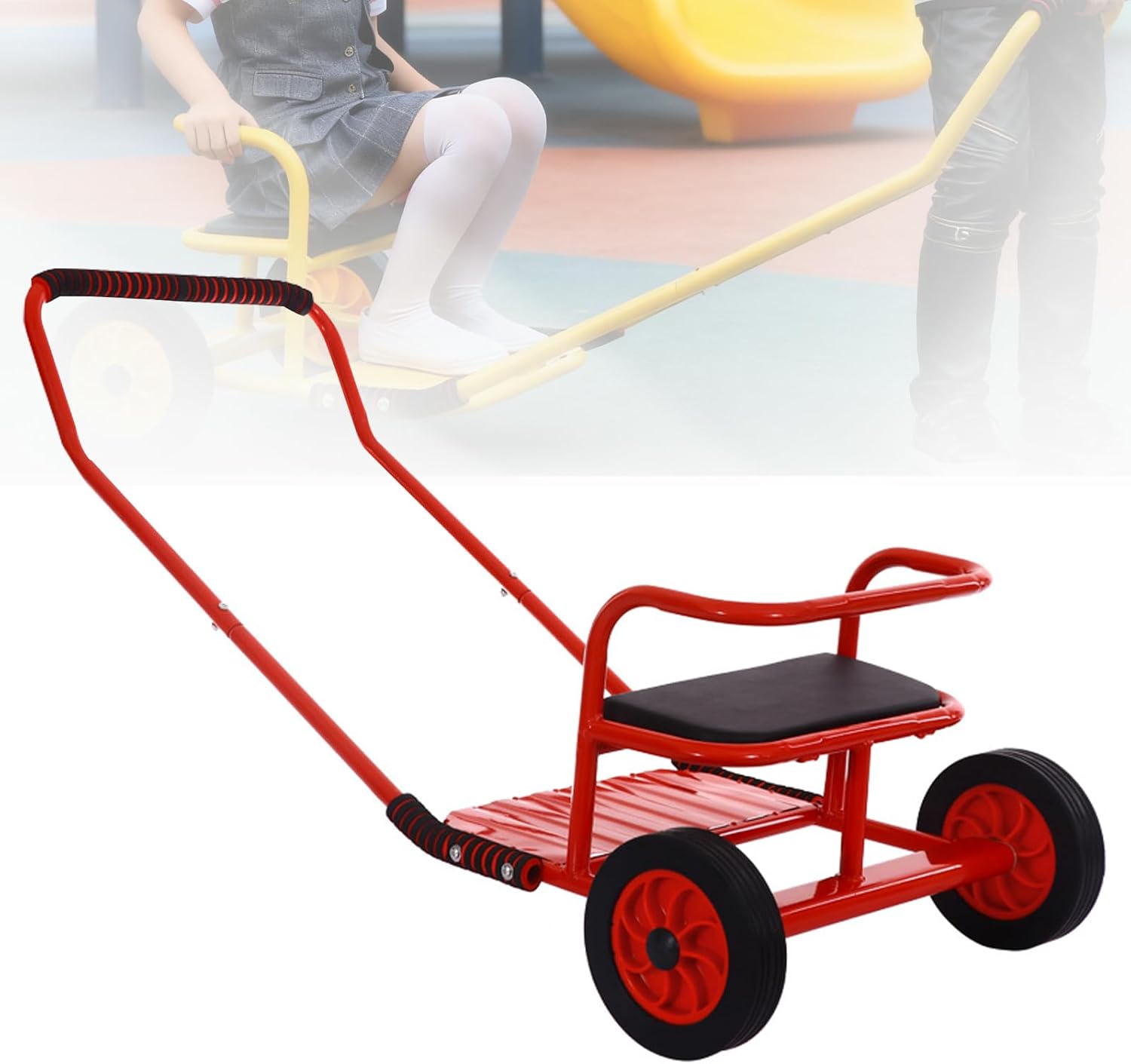 Red,Double Seated Kids Pull Wagon, Outdoor Play Cart for Two Children with 220LBS Capacity, Soft Padded Seat for Kindergarten & Backyard Fun