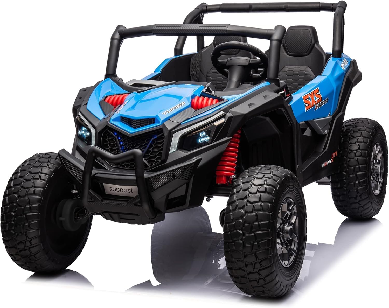 sopbost 24V 2 Seater Ride On Toys for Big Kids 3-8 Years Old, Ride On Car with Remote Control, Kids UTV with 4x200W Motors, EVA Tires Wheels, 2 Profession Absorbers, Blue