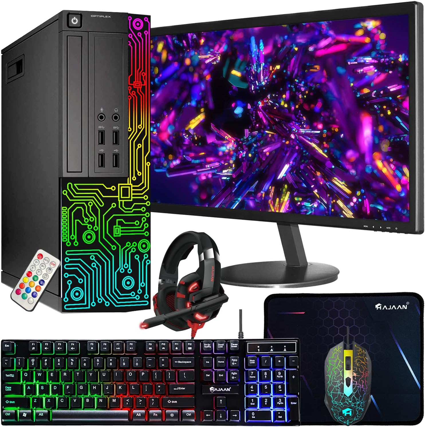 Dell OptiPlex Desktop RGB Computer PC, Intel i5 Quad-Core Processor, 16GB RAM, 512GB SSD, 24 Inch HDMI Monitor, RGB Keyboard Mouse and Headset, WiFi, Windows 11 Pro (Renewed)
