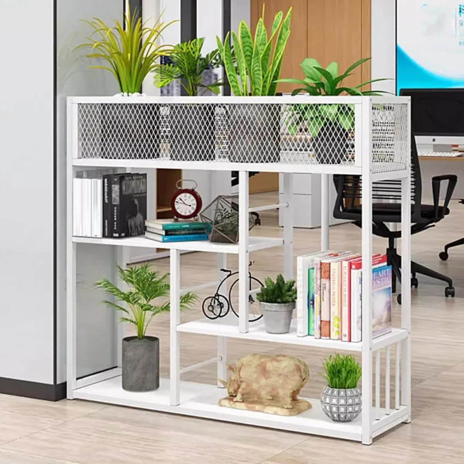 Multi-Tier Room Divider Bookcase, Industrial Display Shelf, Freestanding Storage Rack Decorative Storage Shelving Unit for Home Office, 1 PCS (A-White)