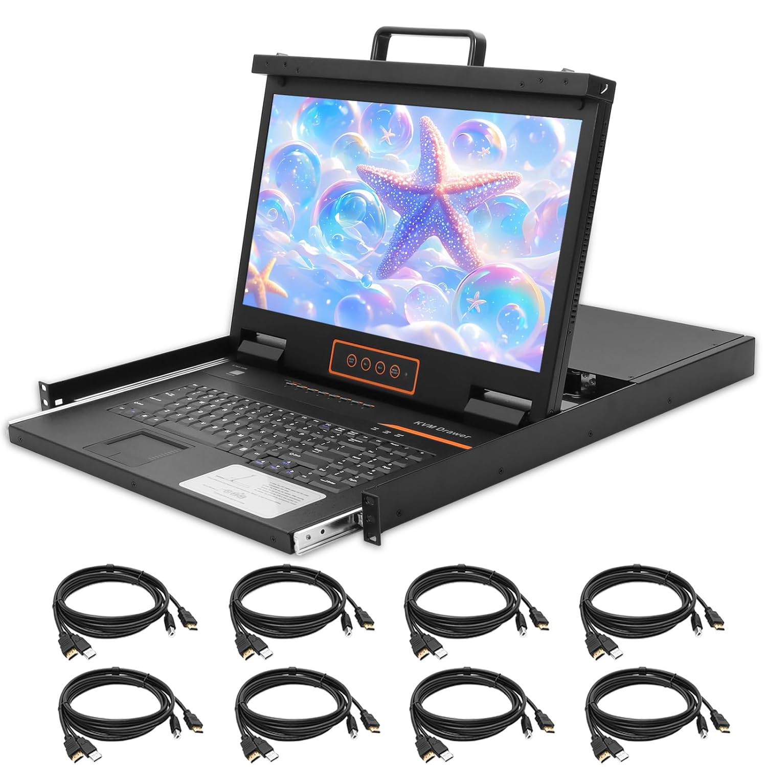 8 Port HDMI Rack Mount KVM Console 18.5-Inch 1080P with Cables, 1U Height LCD KVM Switch, Rackmount Monitor and Keyboard Mouse, OSD/Hotkey/Button Switching, 16:9 Aspect Ratio, Mount Depth 27