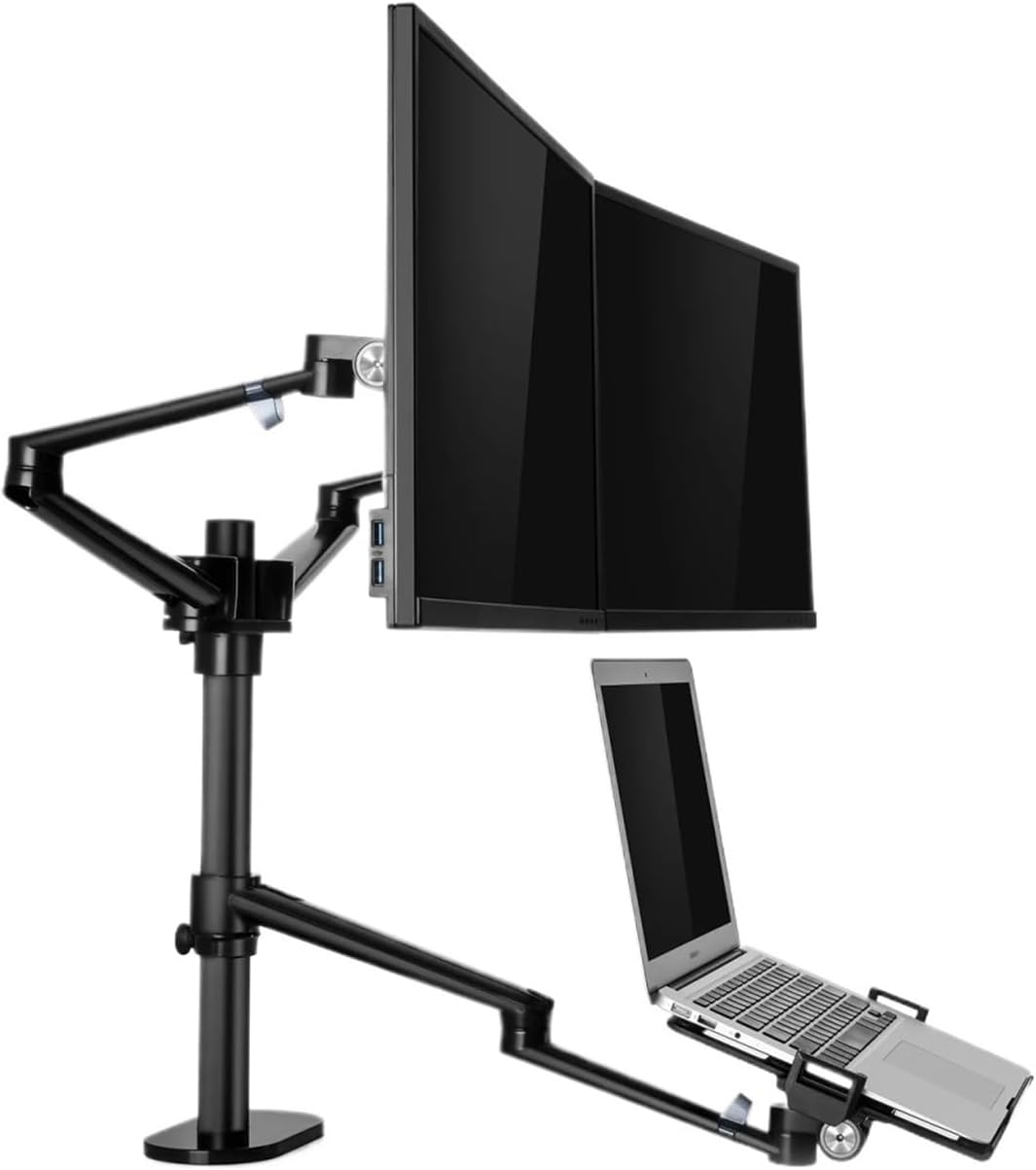 Aluminum Alloy Height Adjustable Desktop Dual 17-32 Inch Monitor Stand + 12-17 Inch Laptop Stand Full Motion Triple Mounting Arm(Black)