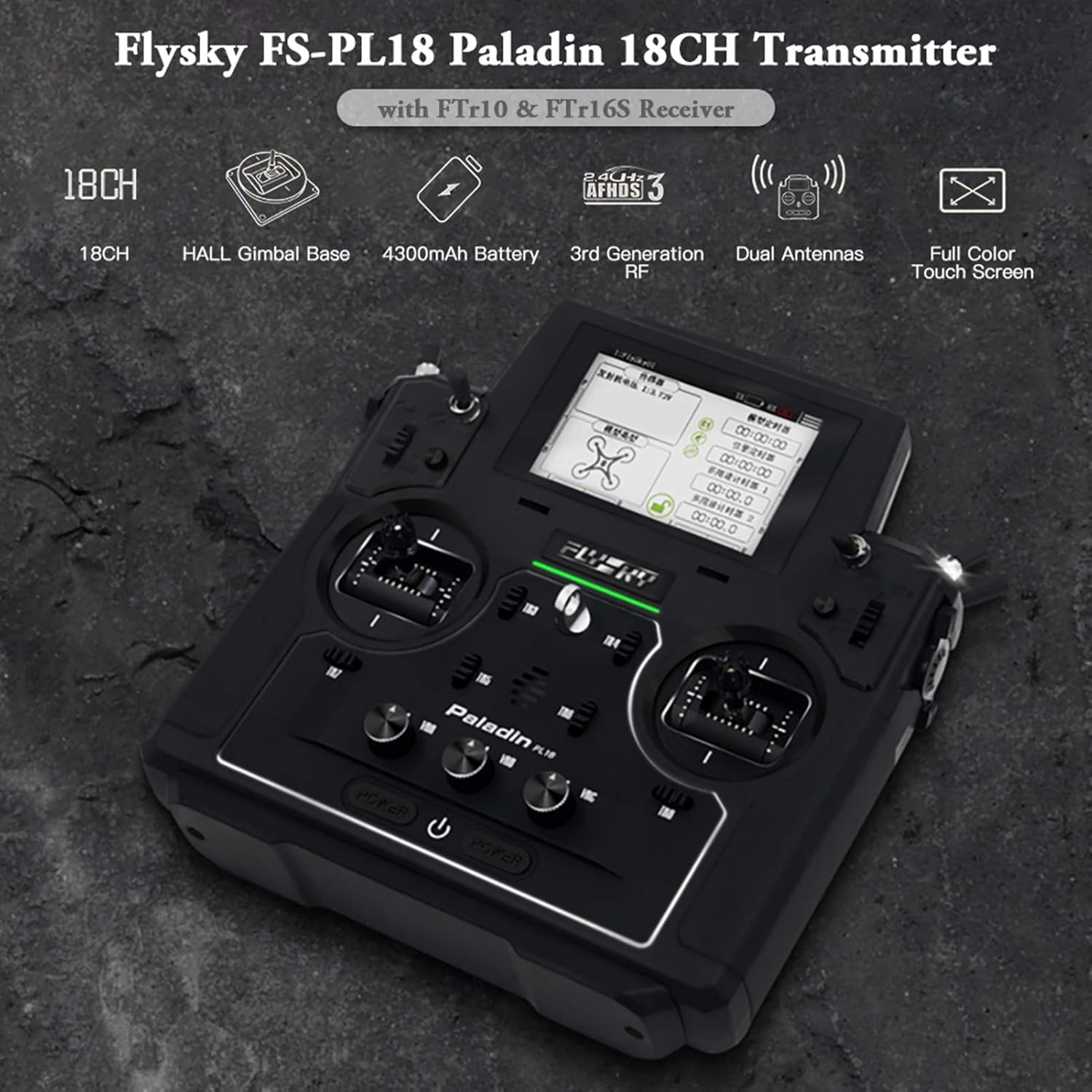 GoolRC Flysky Paladin PL18 2.4GHz 18CH Radio Transmitter with FS-FTr10 and FTr16S Receiver for RC FPV Racing Drone Airplane Helicopter Multicopter Engineering Vehicle - Mode 2 (Left Hand Throttle)