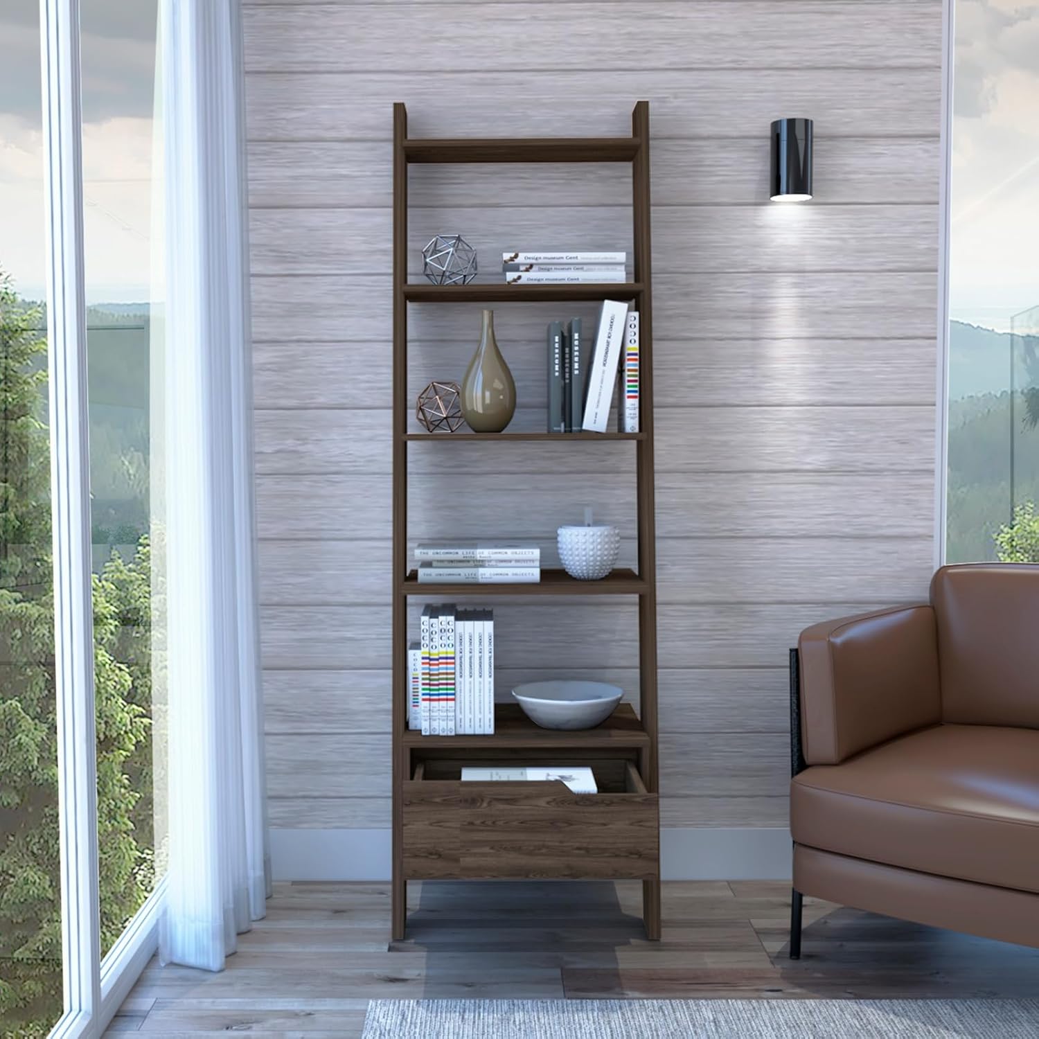 KCSWKJ Oslo Ladder Bookcase, Four Legs, One Drawer, Five Open Shelves -Dark Walnut