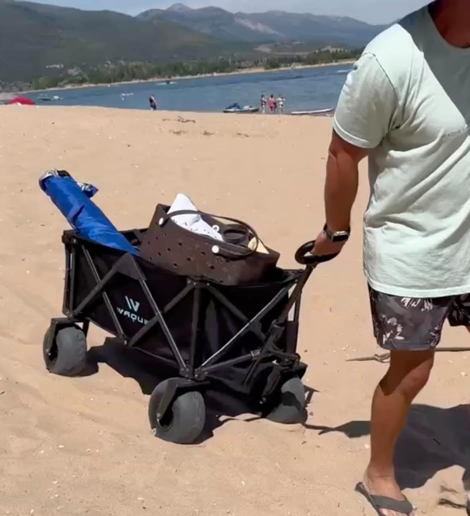 Folding Utility Wagon Cart, Tires for Sand Heavy, Duty Beach Garden Cart with Sand Wheels (Black)