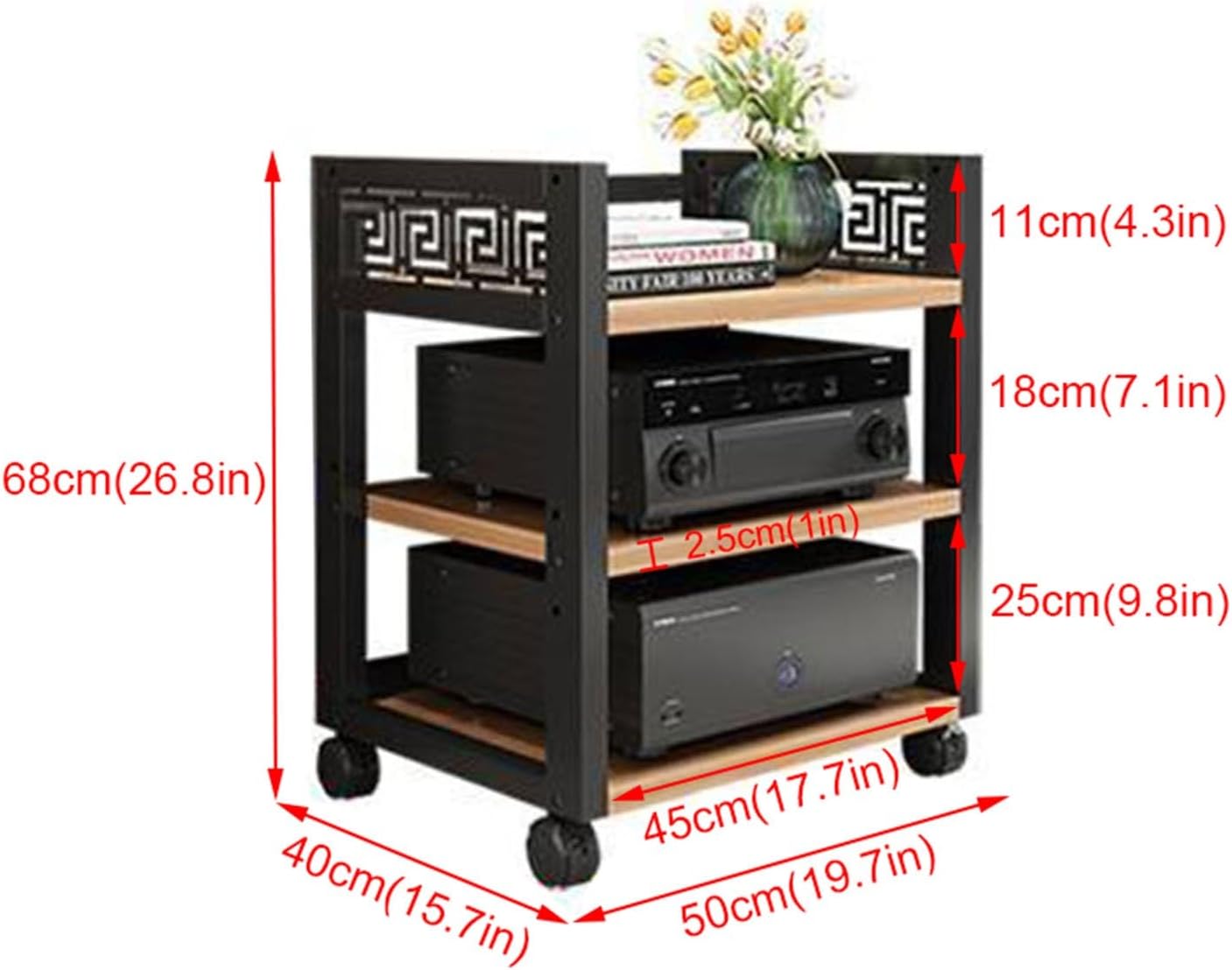 3/4/5-Tier Movable AV Media Stand with Black Steel Frame and Wooden Storage Shelves