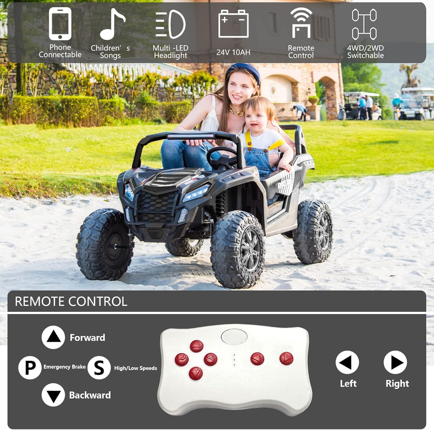POSTACK 24V 2 Seater Ride On Toy Car Power 4 Wheels for Kids Ages 3-12 4WD UTV with Parents Remote Control 4X4 Electric Vehicles Off-Road Toy Kids to Drive with EVA Tires MusicLED Light, Black
