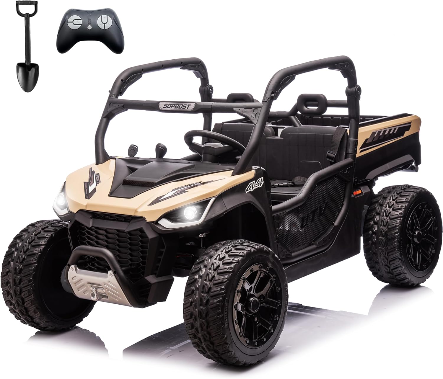 sopbost 24V Ride On Toys for Big Kids to Drive 2 Seater Electric Car with Remote Control 10Ah Battery Powered Side by Side UTV with Large Dump Bed, 4x75W Motors, Quicksand & Black