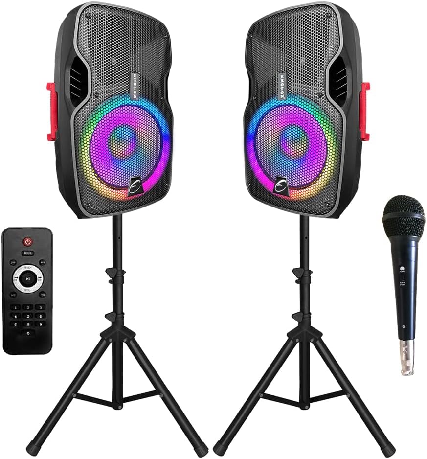 EXOTON 12 inch Professional Dual Powered PA Speakers, 1000 Watts Active&Passive Loudspeakers, PA System Combo Set with Microphone/Tripods/Remote Control/Bluetooth/USB/LED Light, Indoor Outdoor