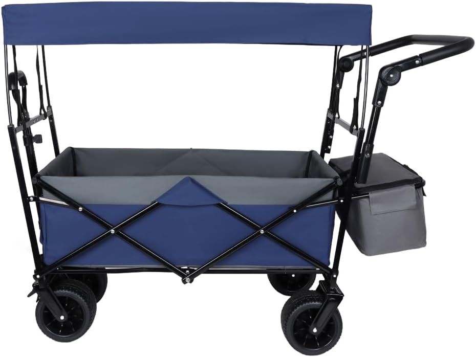Heavy-Duty Foldable Wagon with All-Terrain Wheels, Push-Pull Handle, Removable Canopy, Large Capacity for Camping, Garden, Shopping & Outdoor Use (Dark Blue + Steel)