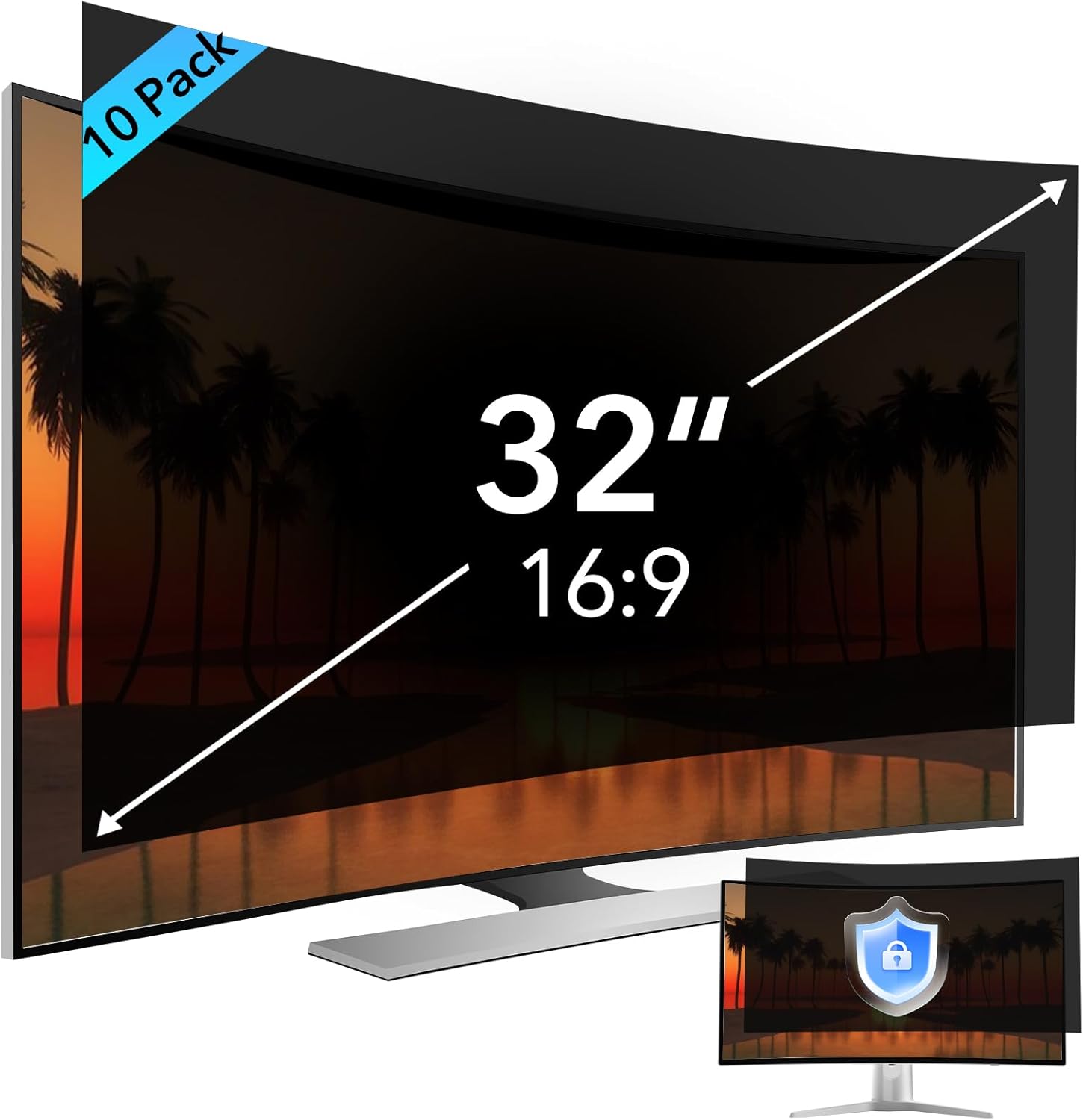 10 Pack 32 inch Computer Privacy Screen Filter for 16:9 Aspect Ratio Widescreen Monitor,32in Curved Computer Monitor Privacy Shield Anti Glare Blue Light Eye Protection, Anti-Scratch Removable Protector Film