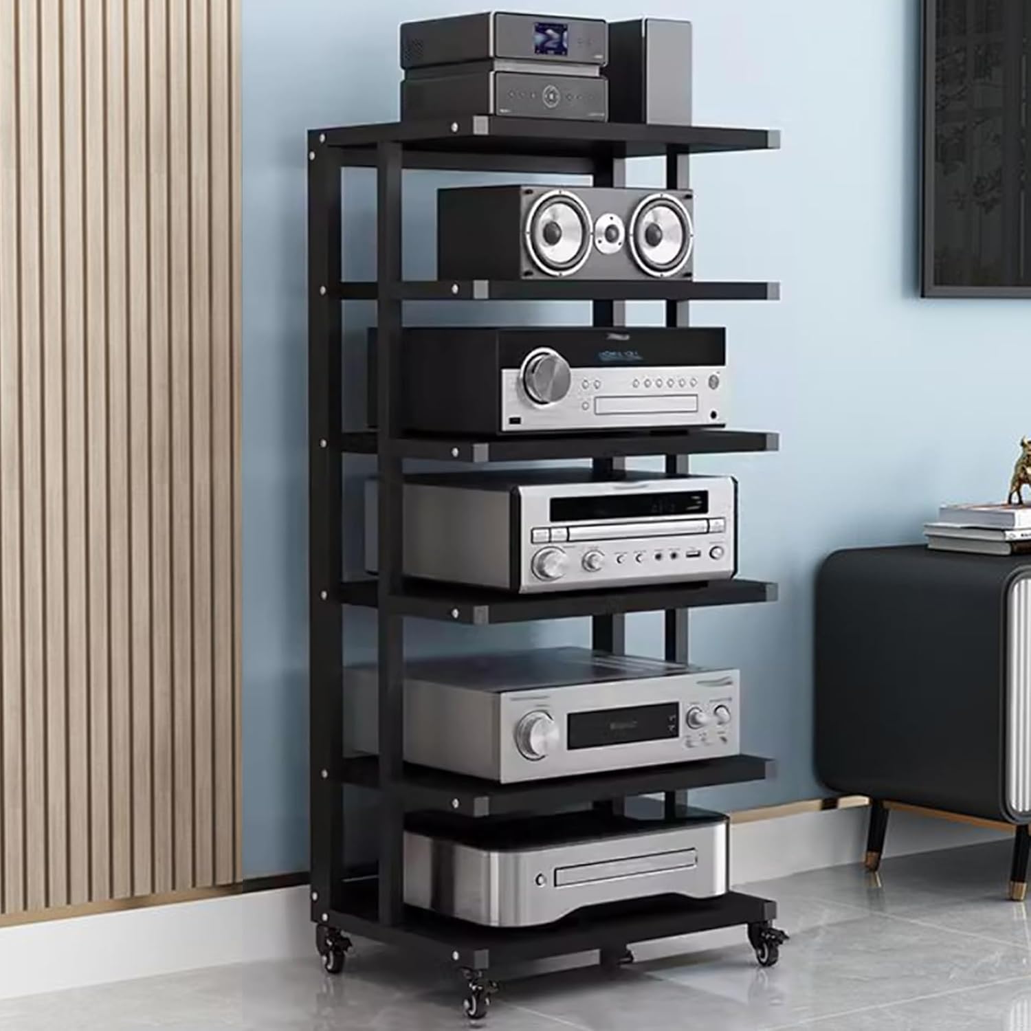 6-Tier AV Media Stand Movable Audio Rack Wooden Storage Cabinet Entertainment Center Shelves Component Stereo Shelf Systems Tower Player Stand Perfect for DVD Players TV Box Game Console(Black)