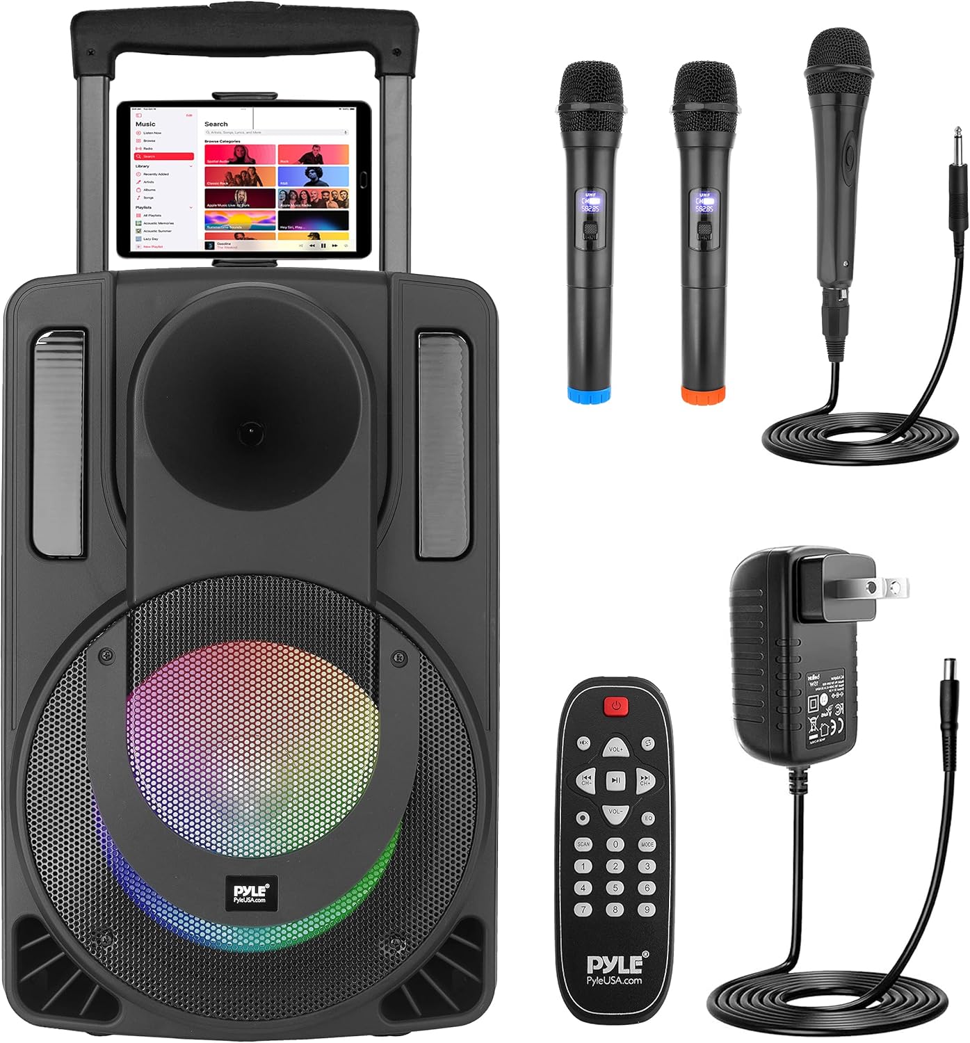 Pyle 10’’ Portable PA Speaker System - Wireless BT Streaming PA & Karaoke Party Audio Speaker, Two Wireless Mic, Wired Microphone, Tablet Stand, Flashing Party Lights, MP3/USB//FM Radio - PHPWA10TB