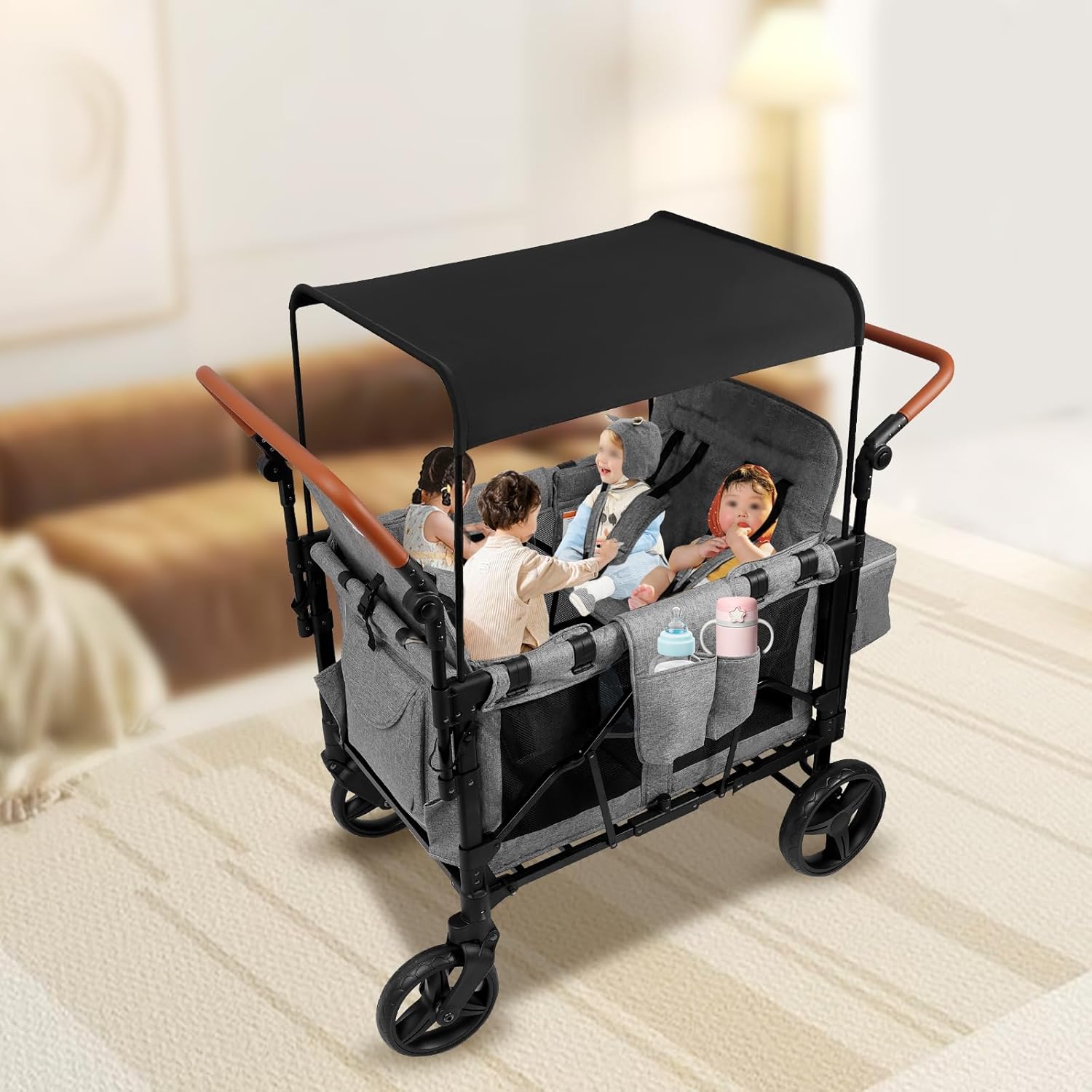 Bacocoo 4 Kids Stroller Wagon,High-Seat Foldable Wagon Cart with Canopy & 5-Point Harness,Double Push Bar,All-Terrain Wheels with Brakes,Compact Fold for Beach Park Camping Travel,Gray & Black.