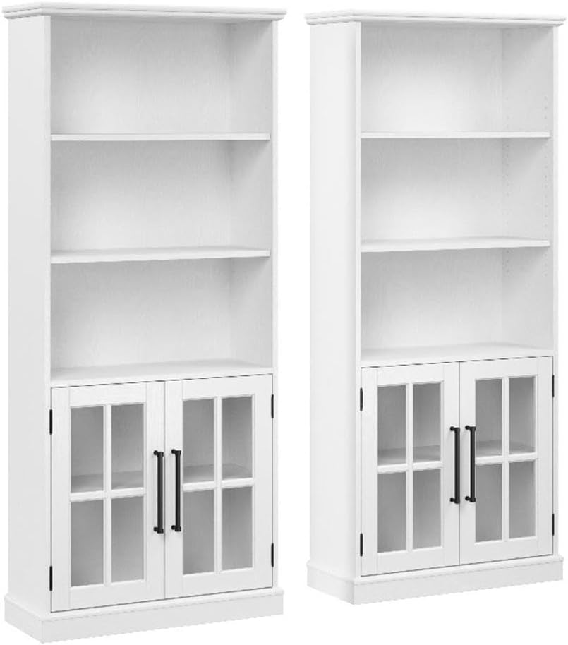 Bush Home Westbrook 5 Shelf Bookcase with Glass Doors - Set of 2 in White Ash | Farmhouse Bookshelf Cabinets for Living Room and Home Office