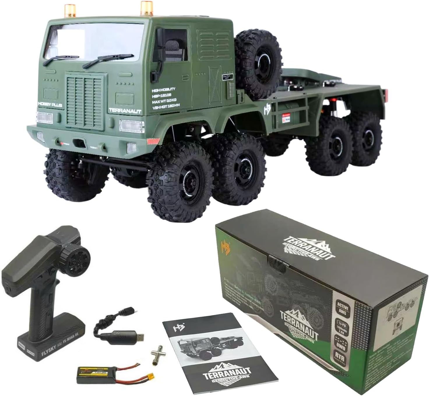 HOBBYPLUS Helidirect 1/18 RC Crawler CR18P Terranaut 8x8 RC Truck Remote Control Car w Full-Lock 8WD RTR Active All-Wheel Steering, 2-Speed Transmission, Recovery Winch, LED Lights (Green)