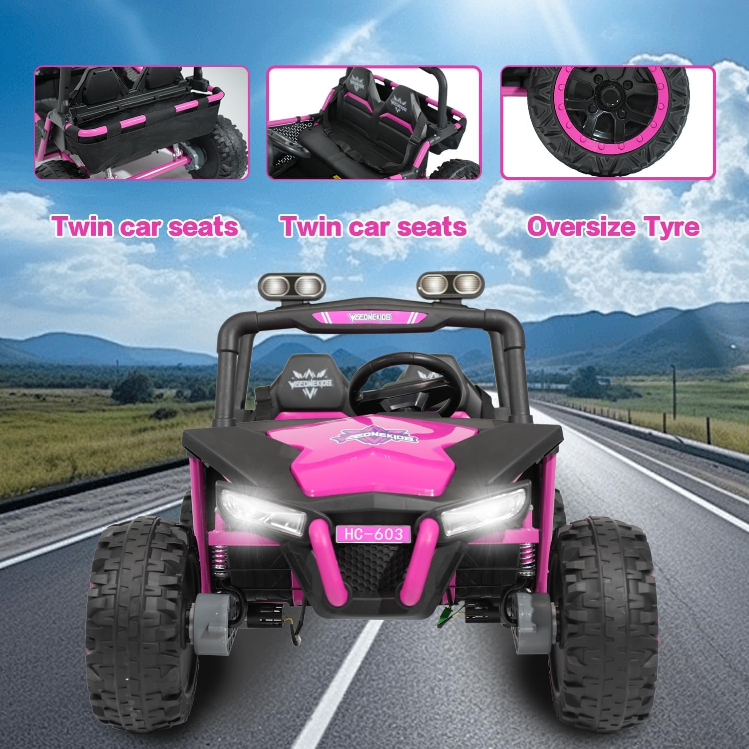 Ride on Toy for Big Kids, Kids' 2 Seat Electric Vehicles Outdoor Race Truck Car with 4 * 75W Strong MotorsBluetooth Speaker and 24V 7AH Big Battery,2 Seat Electric Cars for Kid 3-8 (Pink)
