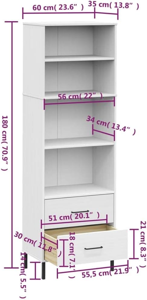 CHARMMA Bookcase with 2 Drawers White 23.6