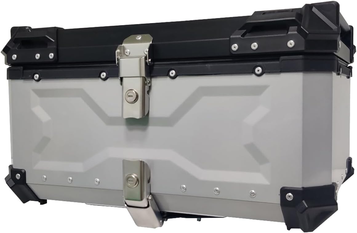 65L Universal Motorcycle Top Case, Aluminum Motorcycle Rear Tail Box Luggage Scooter Trunk, with Backrest & Security Lock Mounting Hardware,Silverx