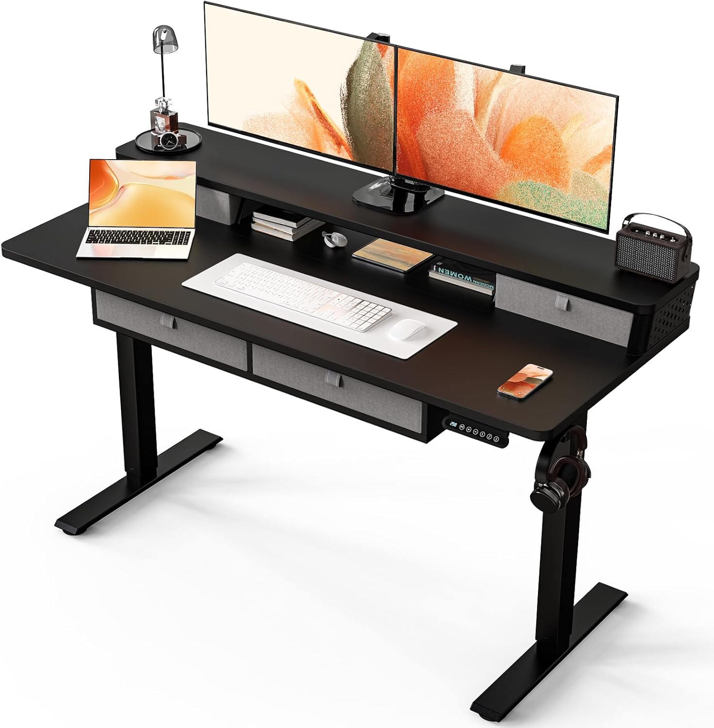 Kingant 55 x 24 Inch Electric Standing Desk with 4 Drawers, Height Adjustable Sit to Stand Computer Desk with Storage Shelf and C-Clamp Mount Compatibility for Home Office, Black