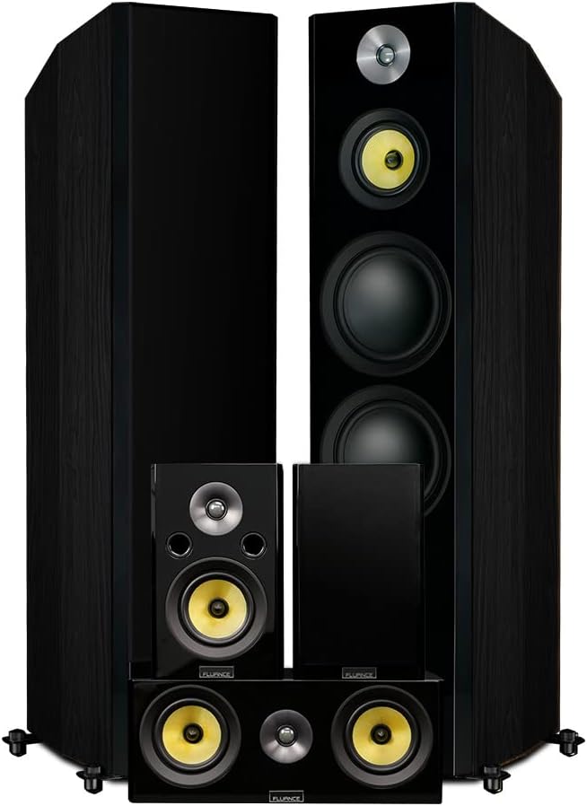 Fluance Signature HiFi Surround Sound Home Theater 5.0 Channel Speaker System Including 3-Way Floorstanding Towers, Center Channel and Rear Surround Speakers - Black Ash (HFHTB)