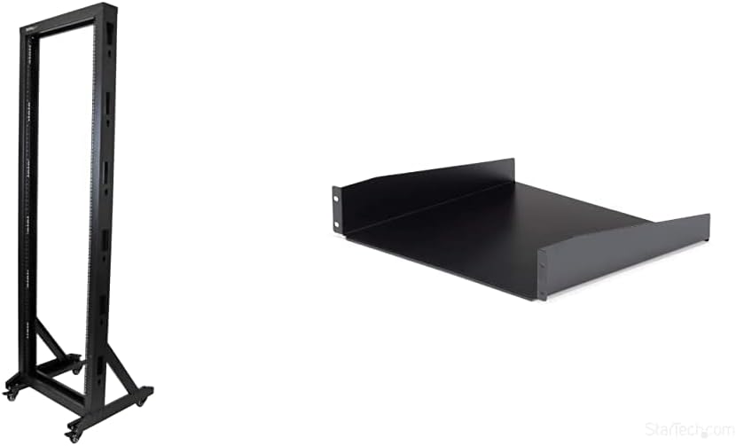 StarTech.com 2-Post 42U Mobile Open Frame Server Rack and 2U Server Rack Shelf Bundle