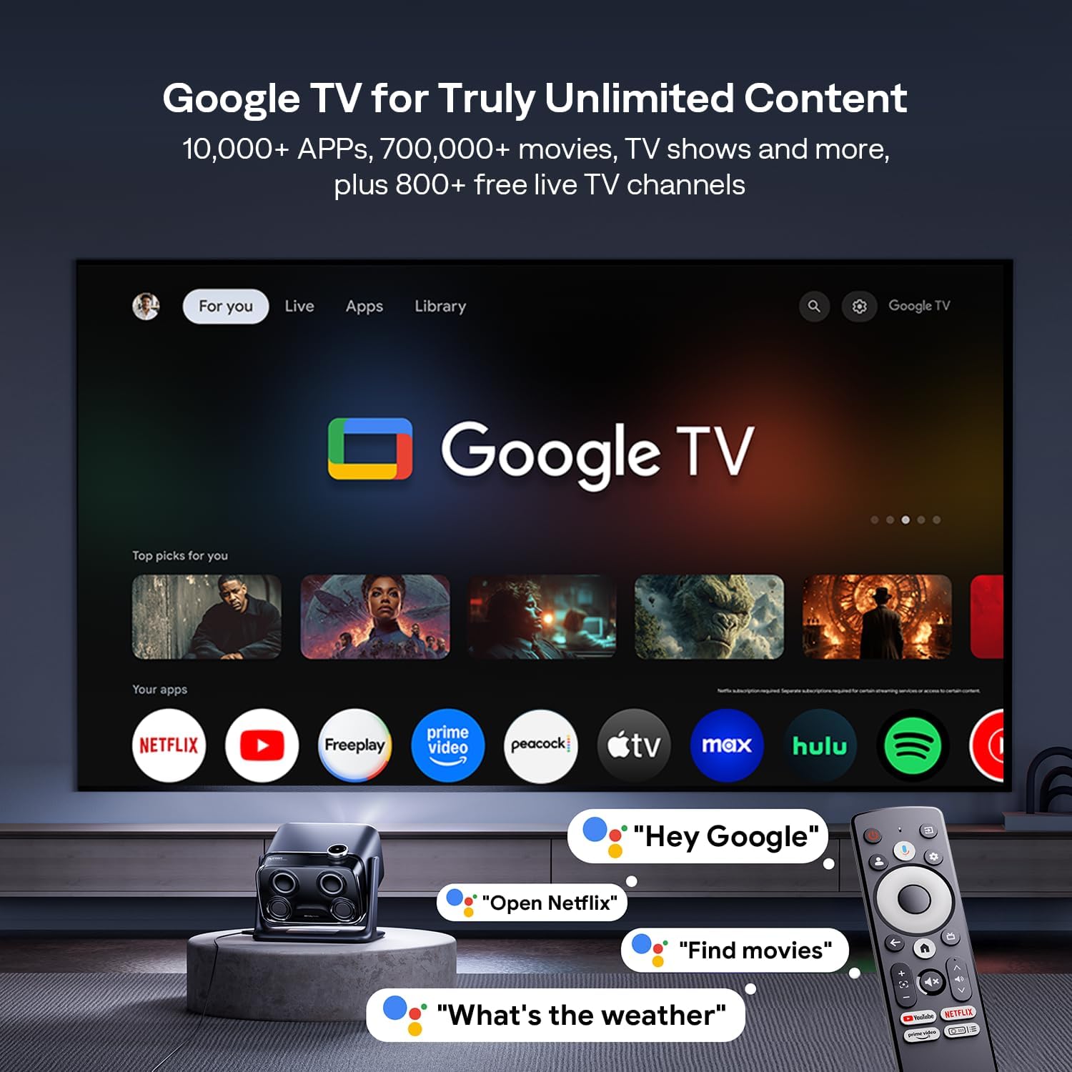 Aurzen BOOM mini Google TV Smart Projector with WiFi and Bluetooth, Voice Control, Family Mode, 20W Dolby Audio, Real-Time Focus, 4K Supported Movie Projector for Bedroom/Home Theater/Outdoor, Black