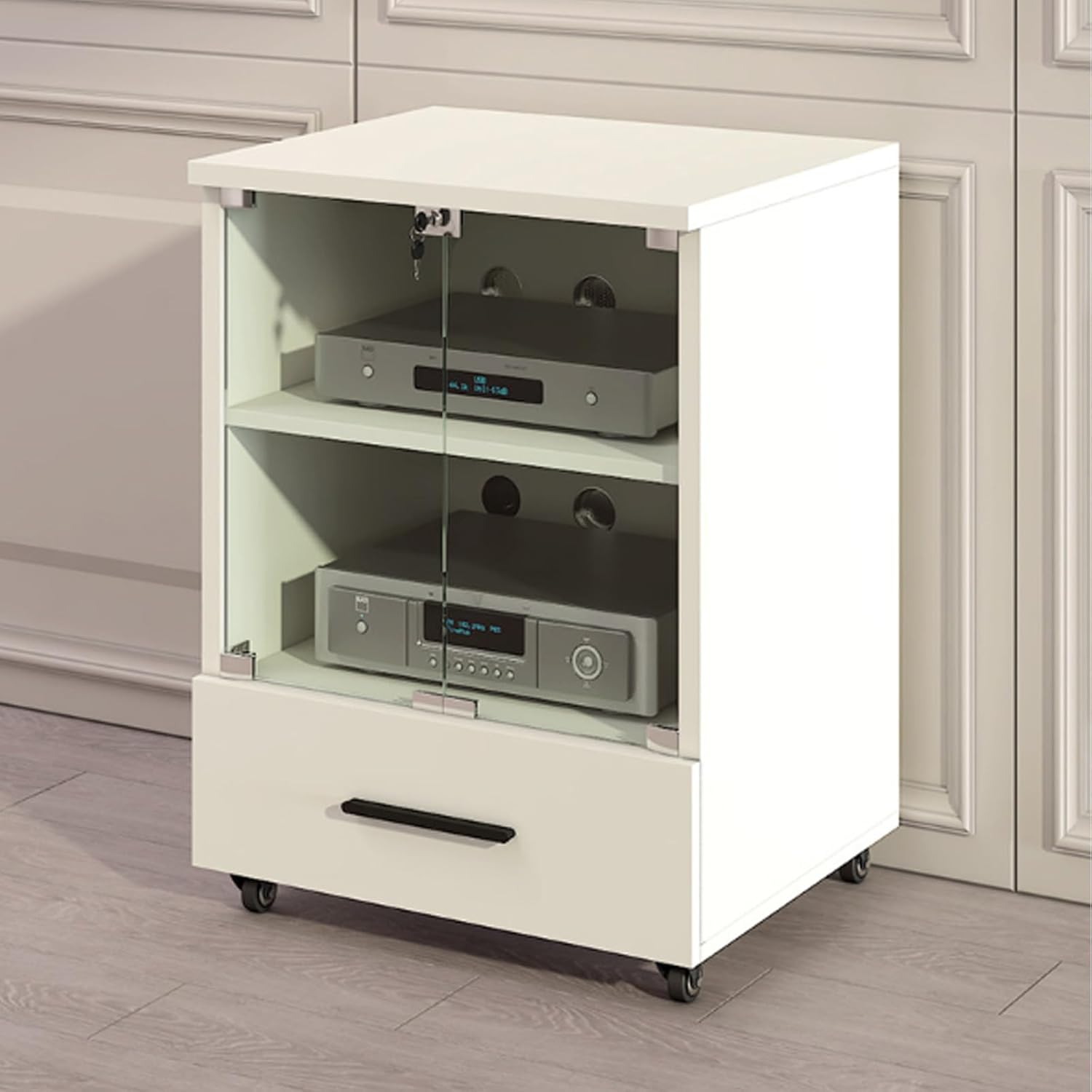 2/3 Tier AV Media Stereo Cabinet Movable Solid wood Audio Video Rack Stand with Glass Door DVD Component Shelf Adjustable shelves with storage drawers